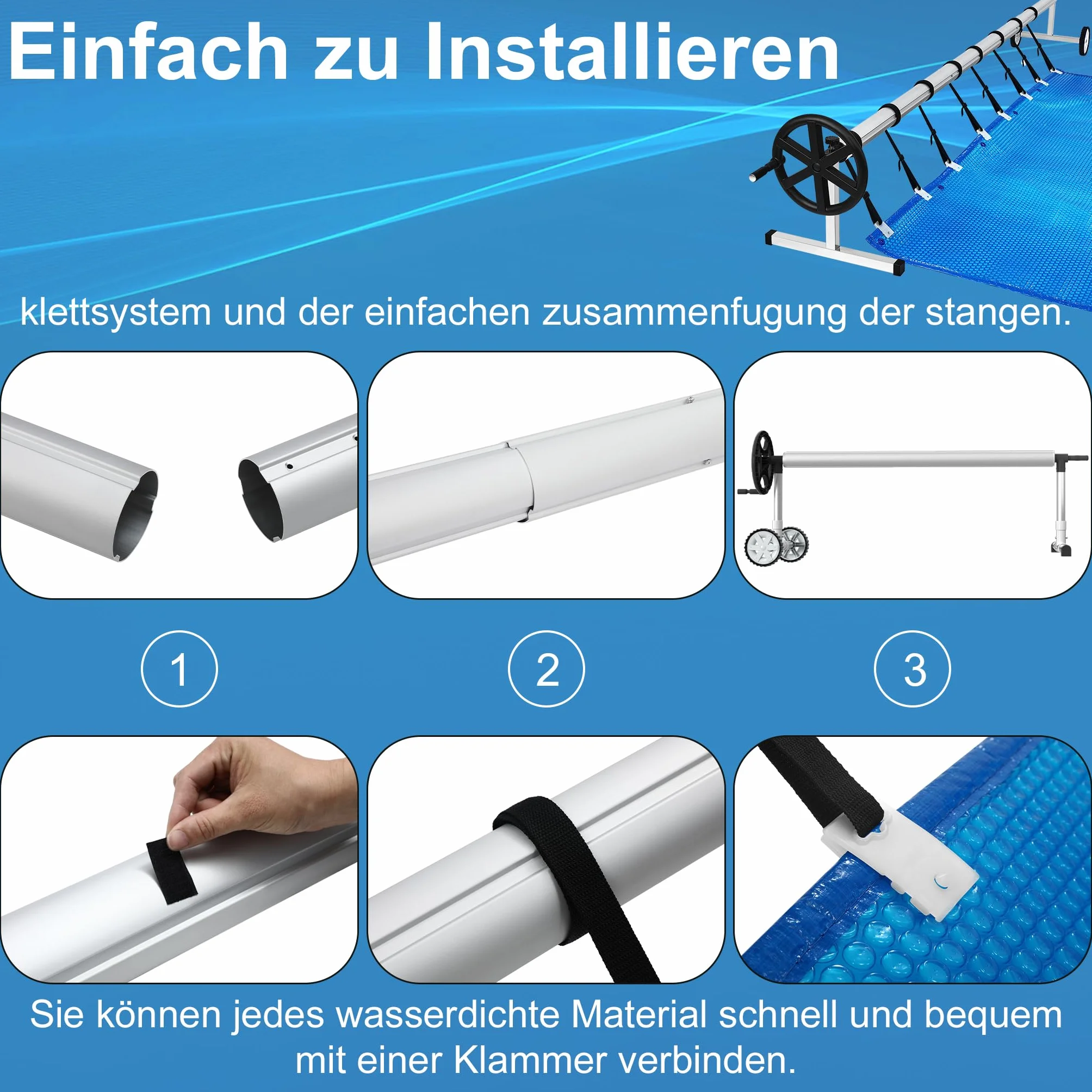 XMTECH Sistema de enrollado para piscina, enrollador de piscina, tubo telescópico de aluminio, sistema de enrollado para lona de piscina, cubierta solar, resistente a la intemperie (con ruedas-2)