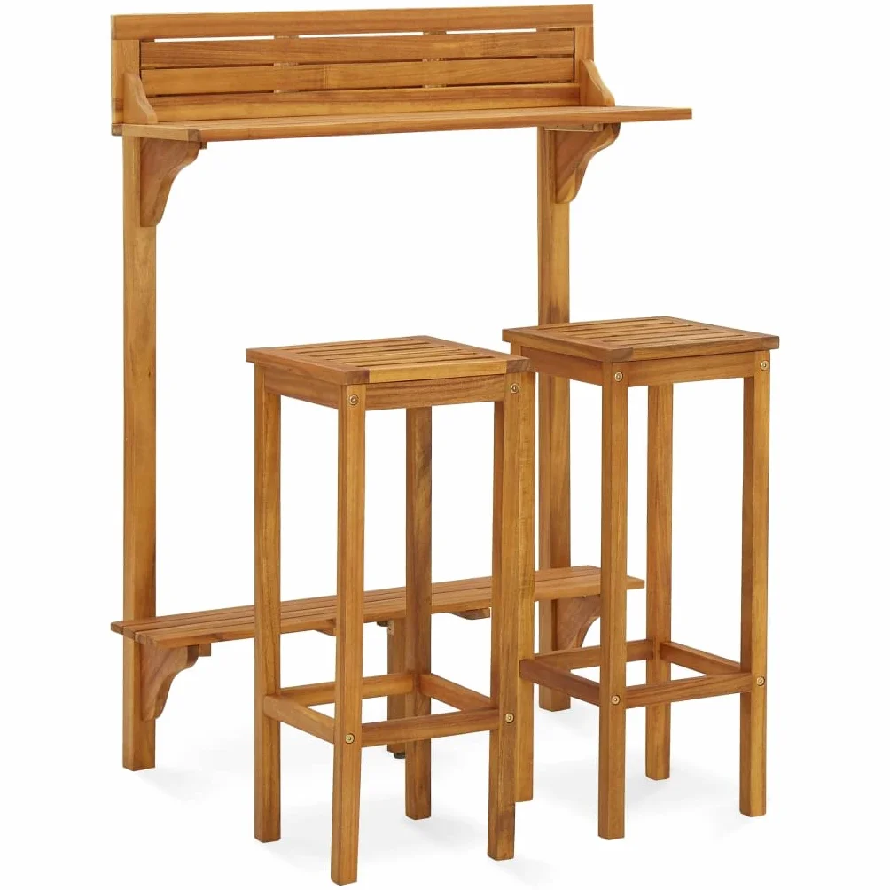 vidaXL Juego de Muebles de Bar de Balcón Jardín 3 Piezas Patio Balcón Bar Bistró Pub Comedor Mostrador Taburete Mesa Alta Madera Maciza de Acacia
