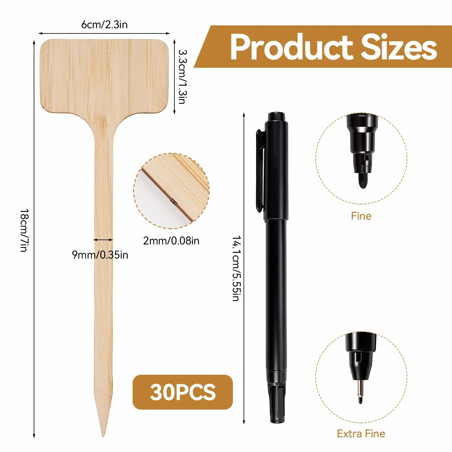 30 Piezas Etiquetas Plantas Bambu con Rotulador de Doble Punta, 18 × 6 cm Etiquetas de Plantas en Forma de T, Carteles Huerto Exterior Pequeños para Semillas Hierbas Vegetales Flores