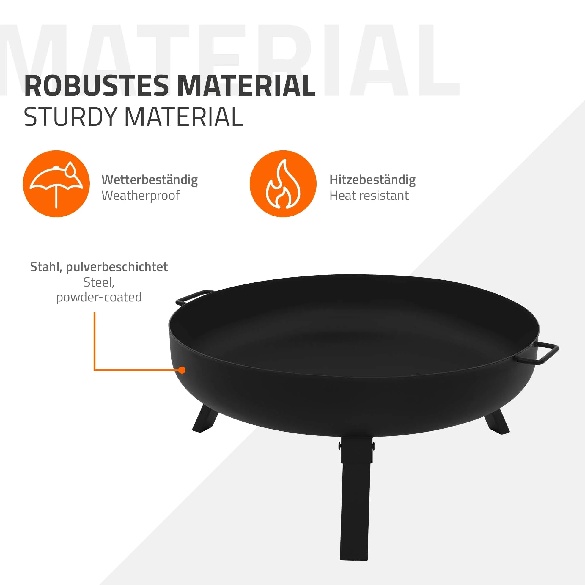 ECD Germany Cuenco de Fuego 60 x 27 cm Brasero Exterior Redondo de Acero con 3 Patas Plegables y Asas de Transporte, Fire Bowl Negro con 2 Agujeros de Drenaje Ideal para Barbacoas de Jardín o Camping