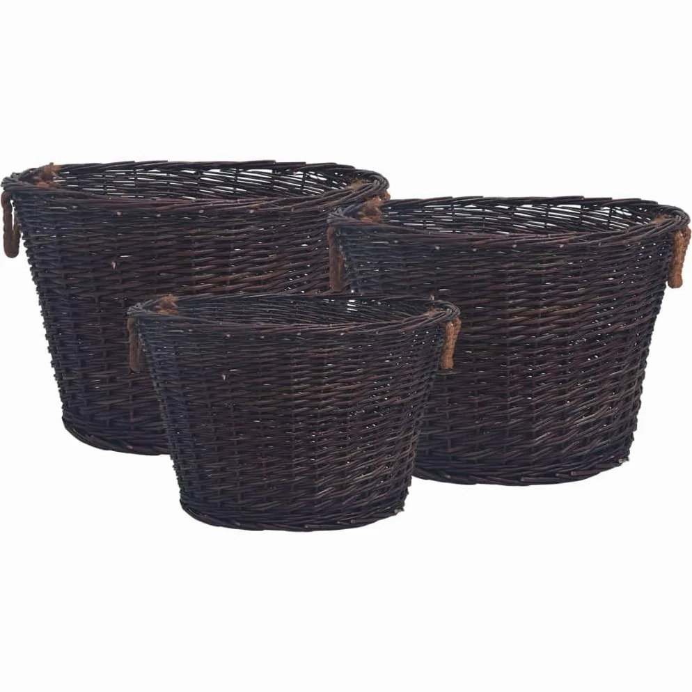 Cestas de madera apilables para leña como cesta de mimbre de 3 piezas con asas, cestas de leña marrón oscuro para leña, apilables, juego de 3 piezas de mimbre