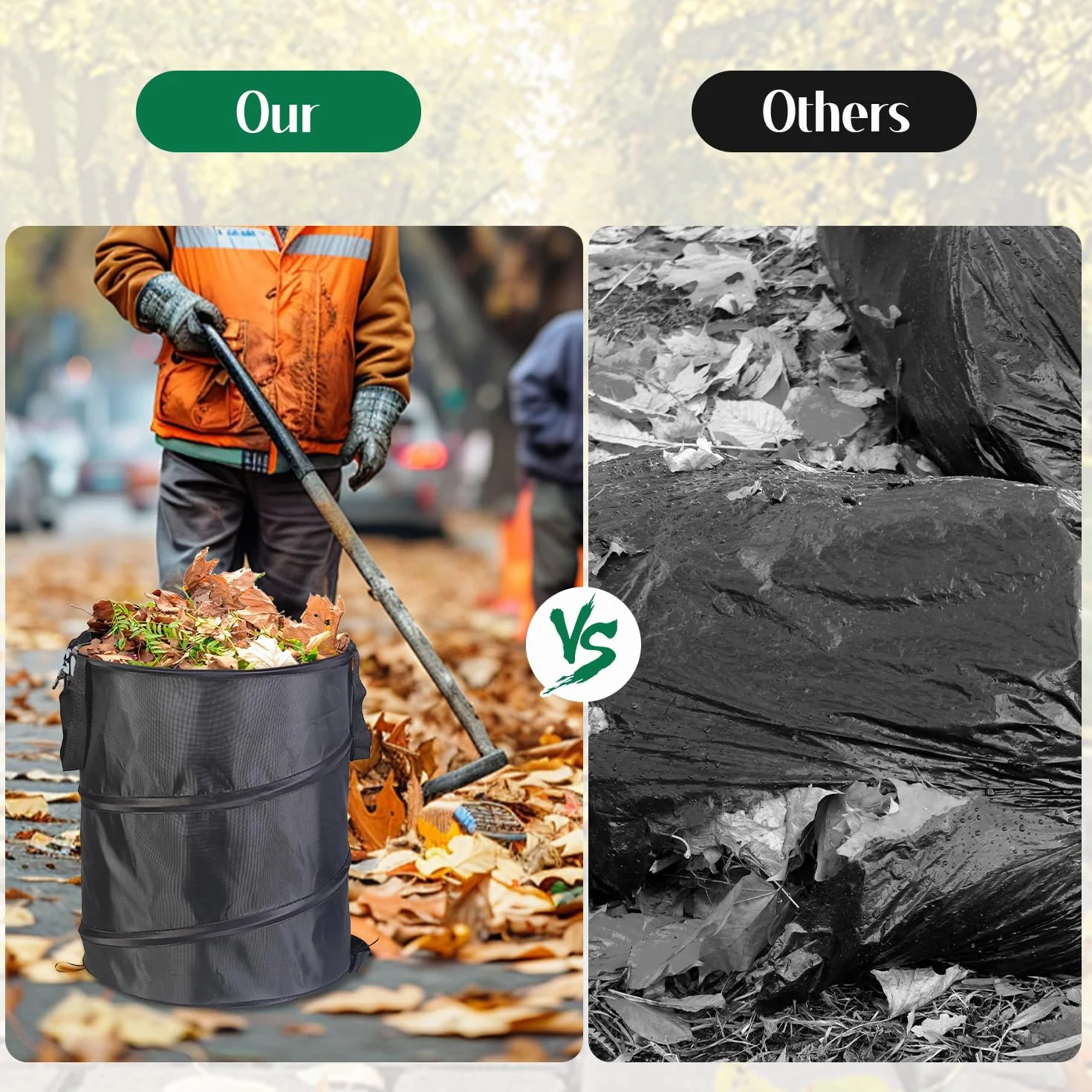 Tissting Bolsas de Basura Sacos de Jardín, 38L 34cm Saco de Jardín Tela Oxford Bolsa Jardin Plegable Bote de Basura para Acampar para Hojas, Restos de Poda y Residuos de Plantas Verde Militar