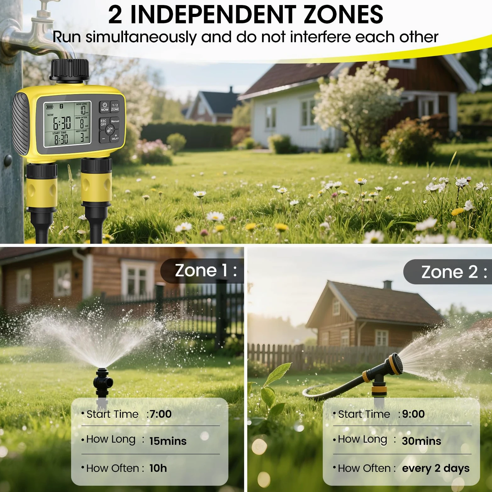 Temporizador de Riego para Jardín/Césped - Dos Salidas de Riego y Manual | Temporizador Riego Automatico con Impermeable IP66, Retraso por Lluvia, Riego Manual, Programador de Riego para Jardín