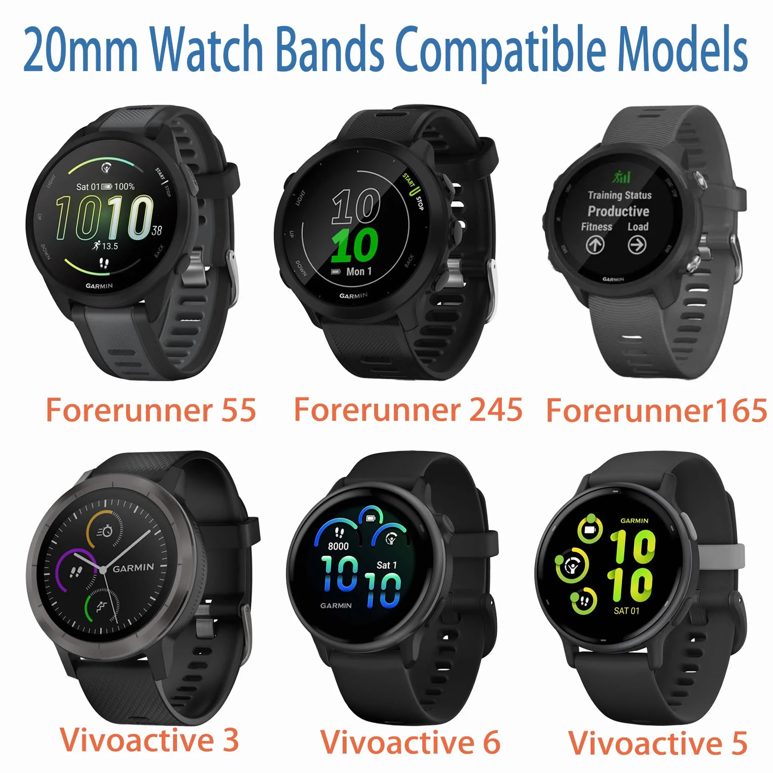 Correas de Repuesto Compatible para Garmin Forerunner 55/158/245/165/645, Pulseras de Silicona Suave 20mm