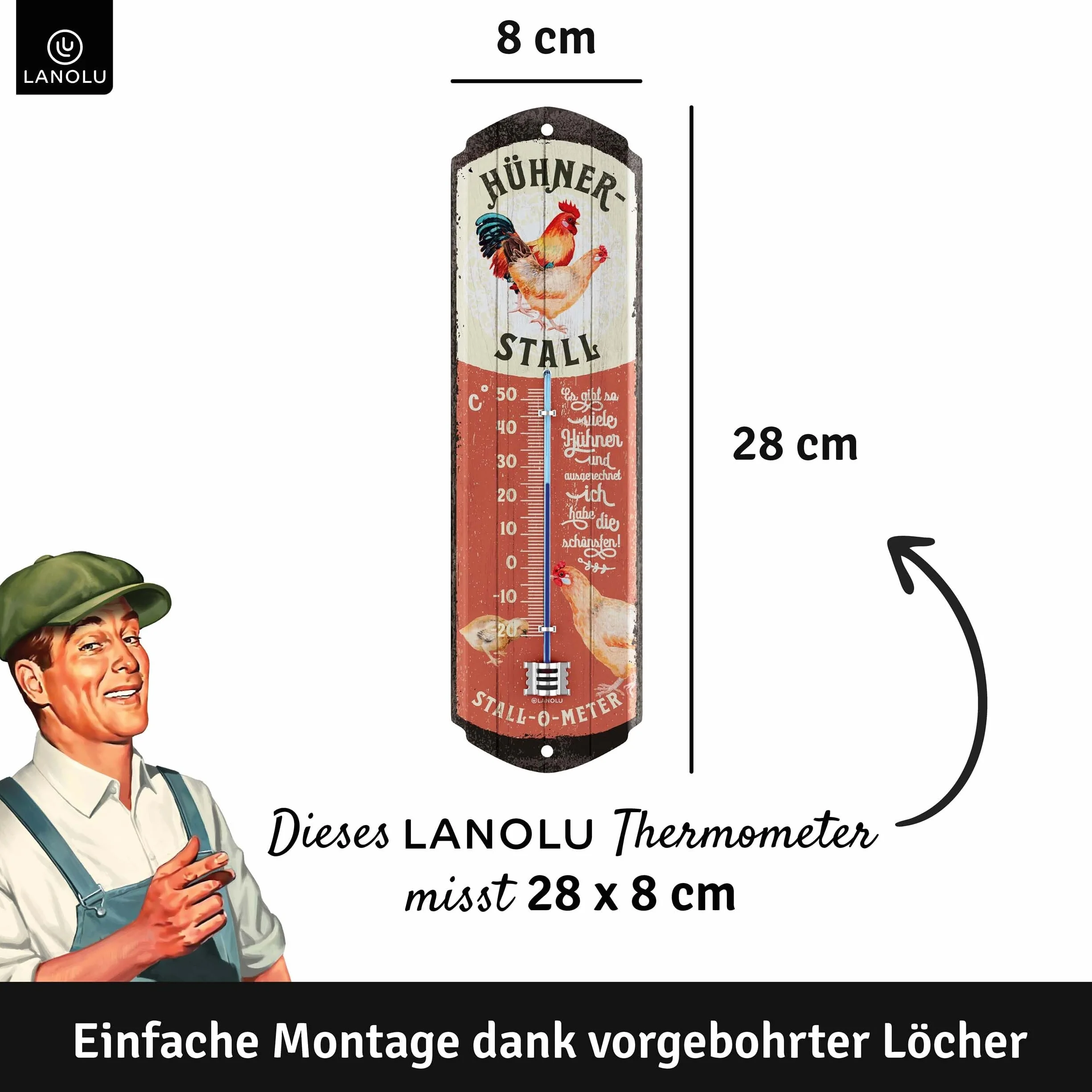 LANOLU Cartel de chapa retro con forma de gallinero, termómetro, analógico, para decoración de gallinas, establo de jardín, cartel vintage, cartel de chapa de pollo – amantes de los pollos regalos