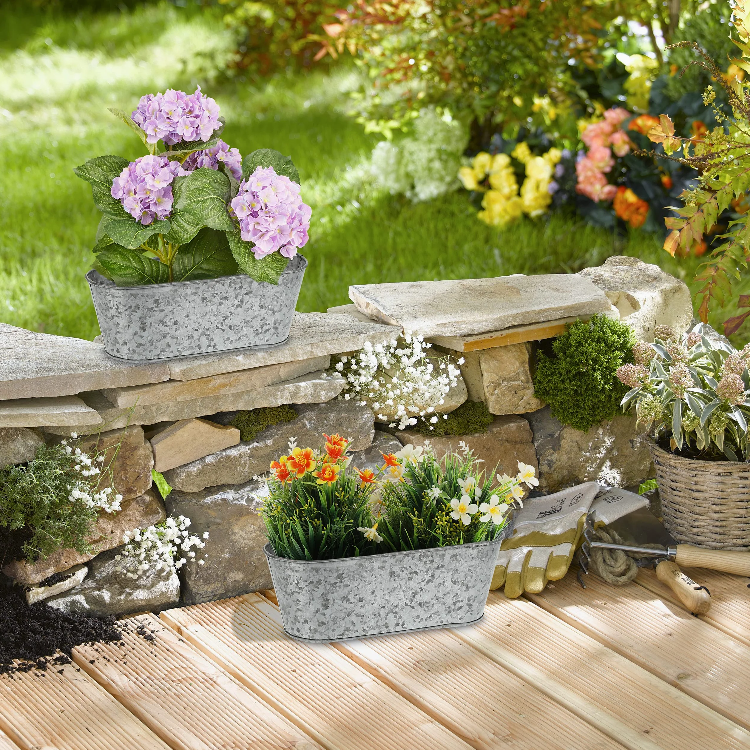 Relaxdays Set 6 Jardineras de Zinc, Macetas Galvanizadas, Maceterios Hierro Ovalados Exterior, 11x30,5x13,5 cm, Plateado