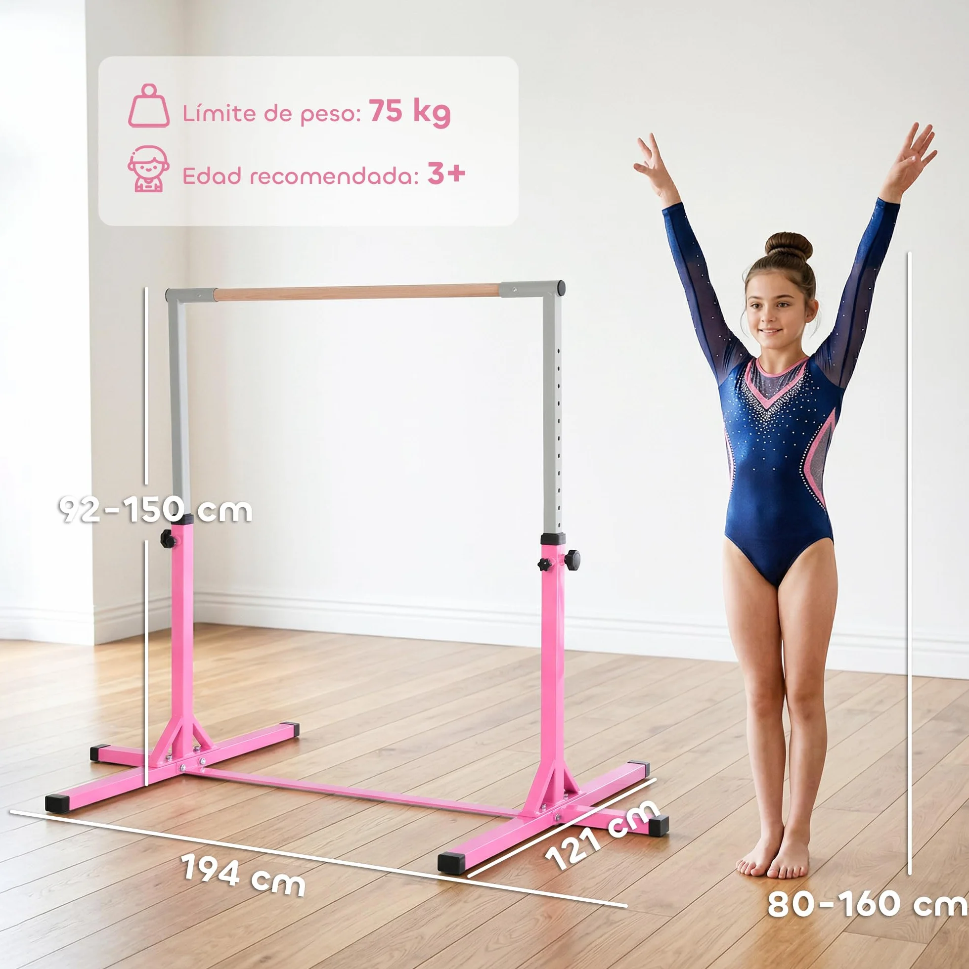 HOMCOM Barra de Gimnasia para Niños Altura Ajustable 92-150 cm Carga 75 kg 194x121x150 cm