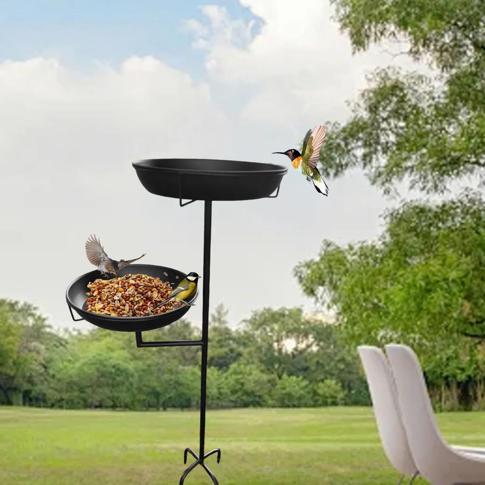 Fenteer Bebedero para Pájaros Plato de Alimentación Bandeja para Aves Cuenco para Exterior Hecho de Hierro con Acabado Decorativo Elegante Adecuado P, Negro