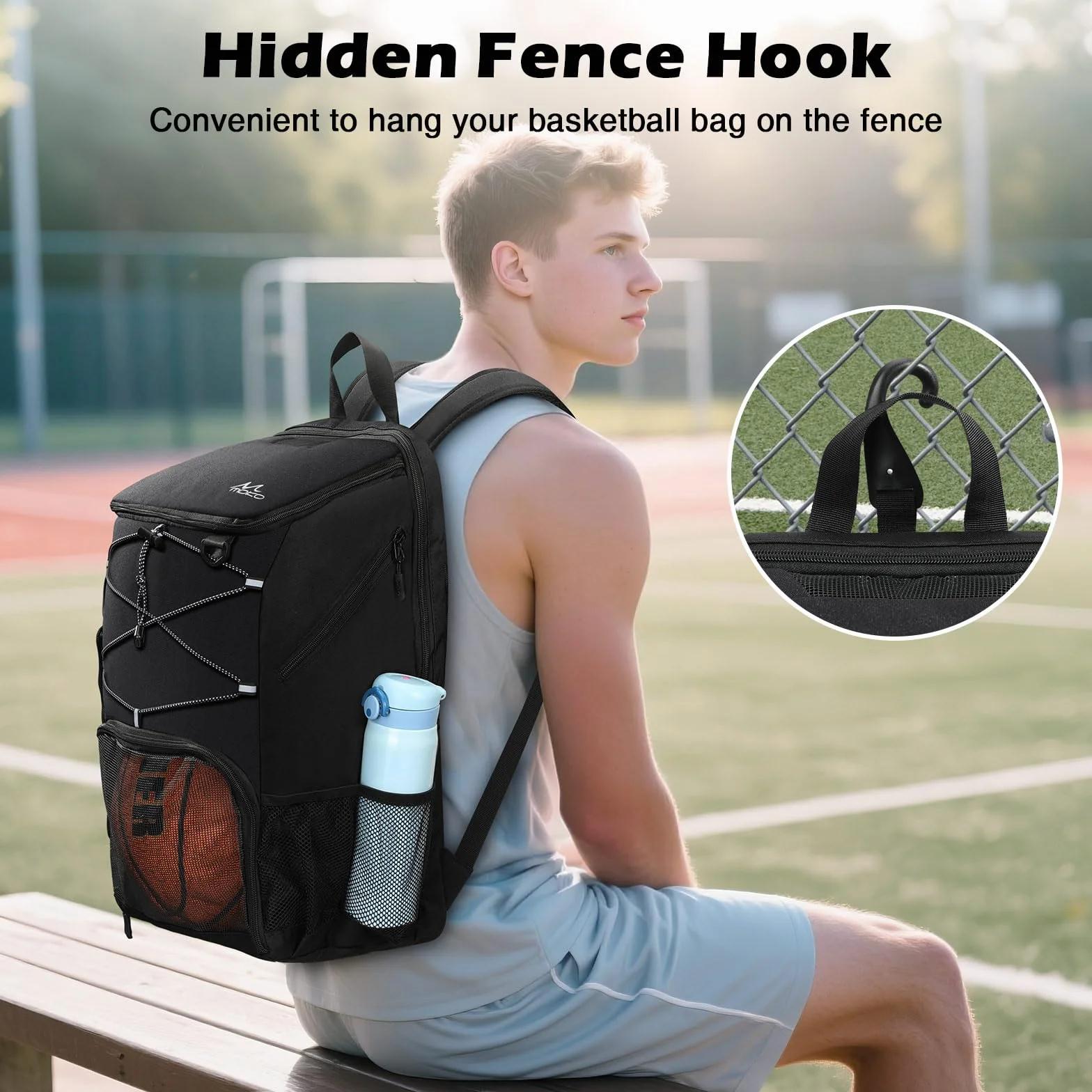 MoKo Mochila de Baloncesto Transpirable con Bolsa para Zapatillas, Múltiples Bolsillos, Gancho Oculto, Puerto de Carga, Negro