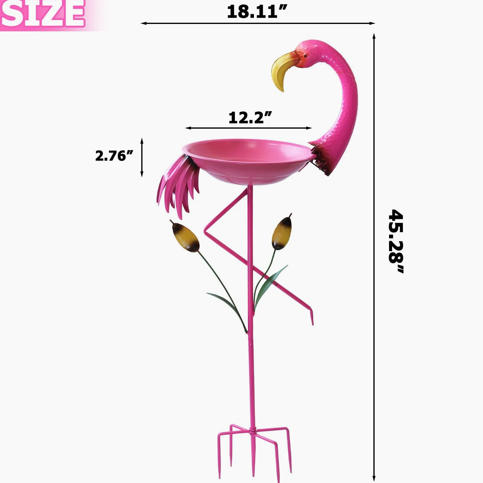 Baño para pájaros de flamenco, de 31 cm de profundidad x 114 cm de alto, baños de metal para pájaros para exteriores, comedero para pájaros con estaca de 5 puntas para decoración de jardín