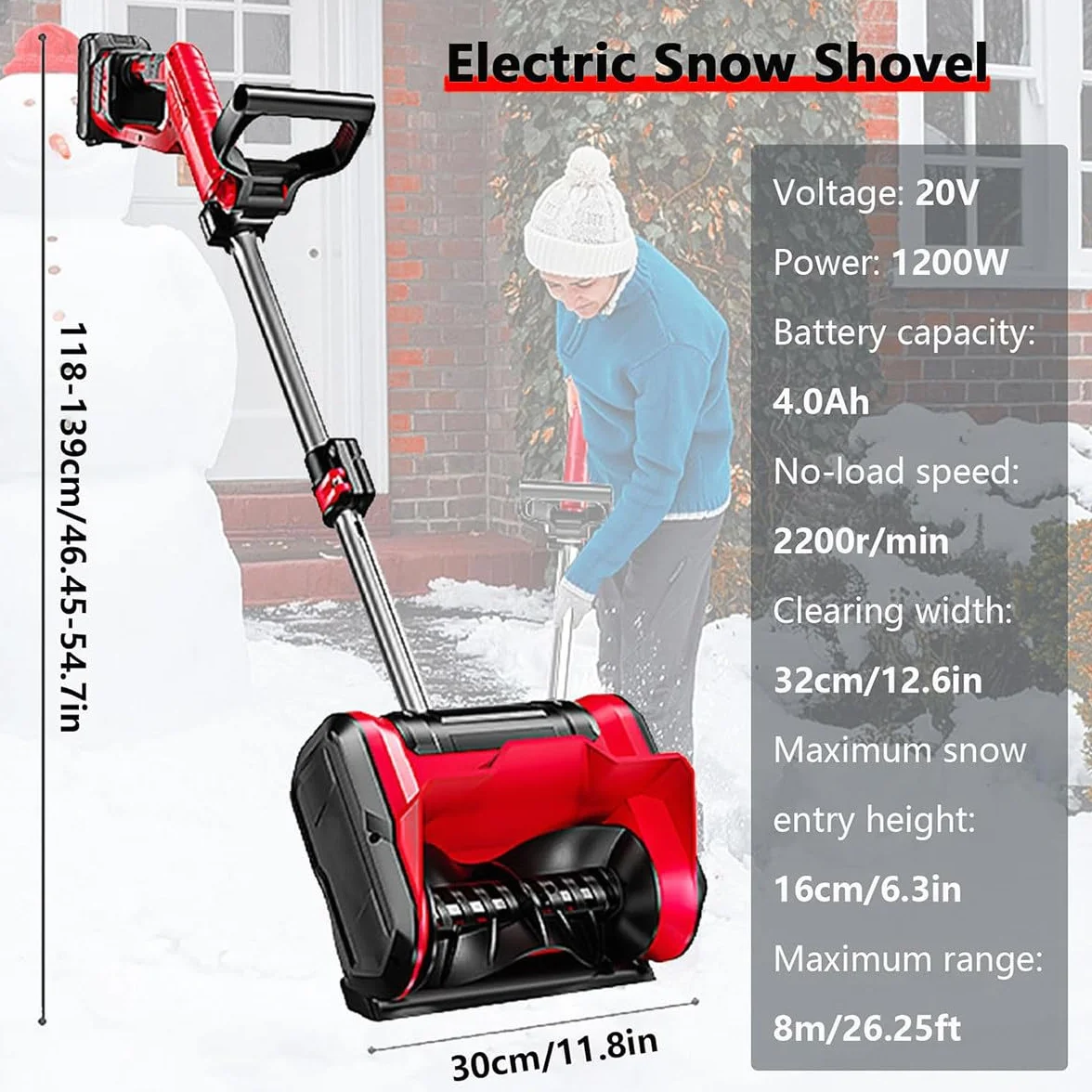 Pala Quitanieves a Batería, Quitanieves Eléctrico Portátil y Pala, Quitanieves Inalámbrico de 20 V/4,0 Ah con Mango Ajustable, para Patio, Parque Infantil y Granja