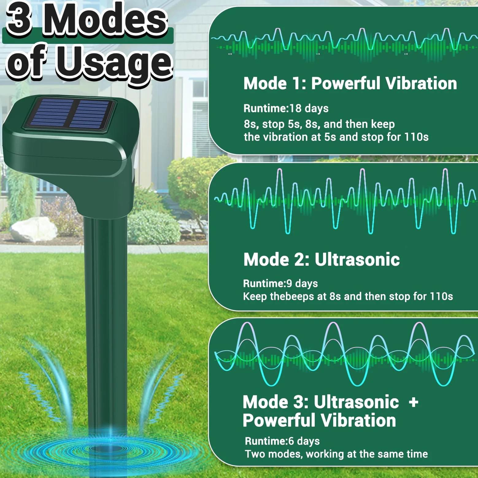 Repelente de topos para césped, paquete de 4, repelente solar ultrasónico de topos, IPX7 impermeable, estacas de vibración de campañol para patio, estaca disuasoria de topos para ardilla, marmota,