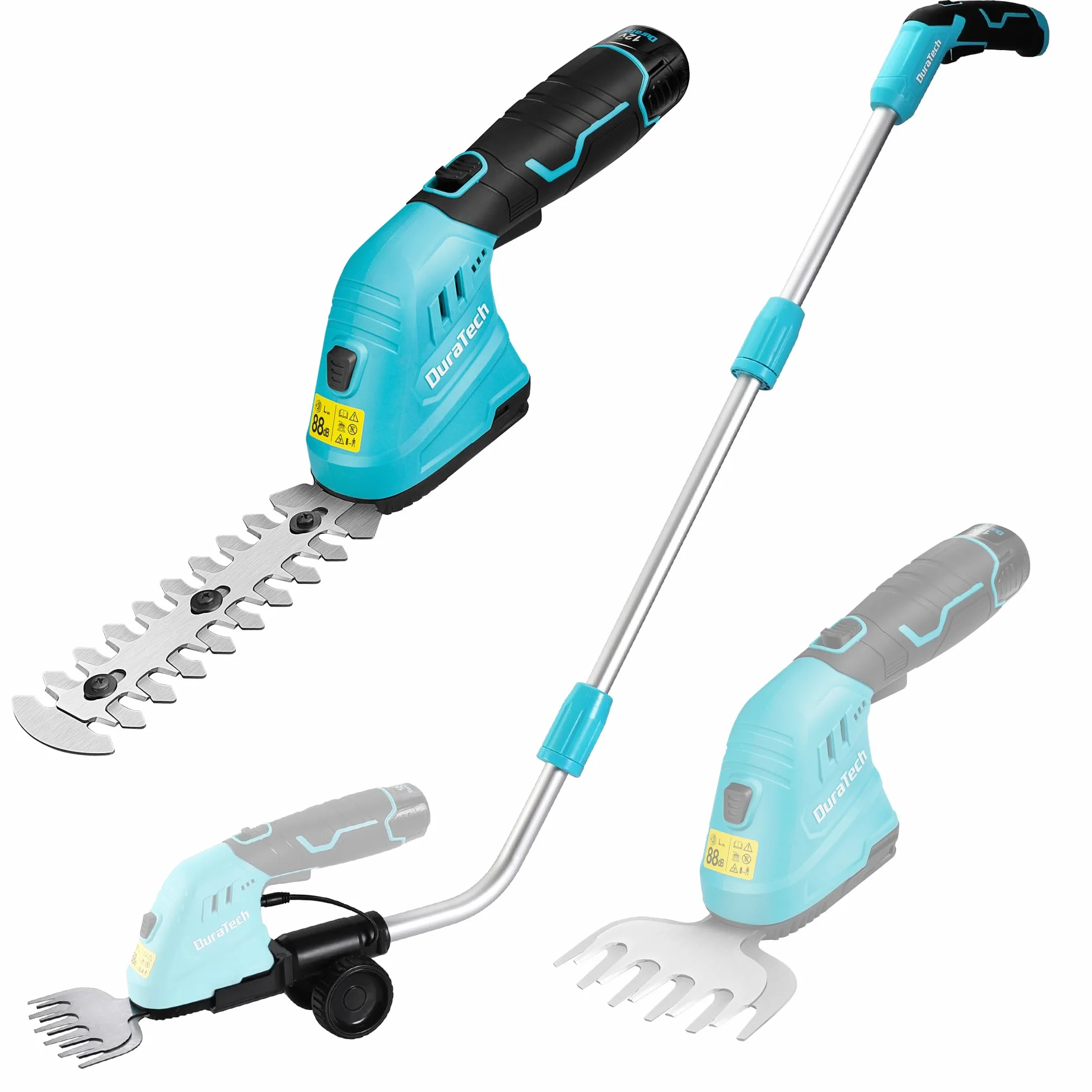 DURATECH 12V Tijera Cortacésped y Arreglasetos 2 en 1, Tijeras Eléctricos de Jardín con Alargador, Batería y Cargador, Cortasetos Eléctrico para Césped y Arbustos, para Jardinería