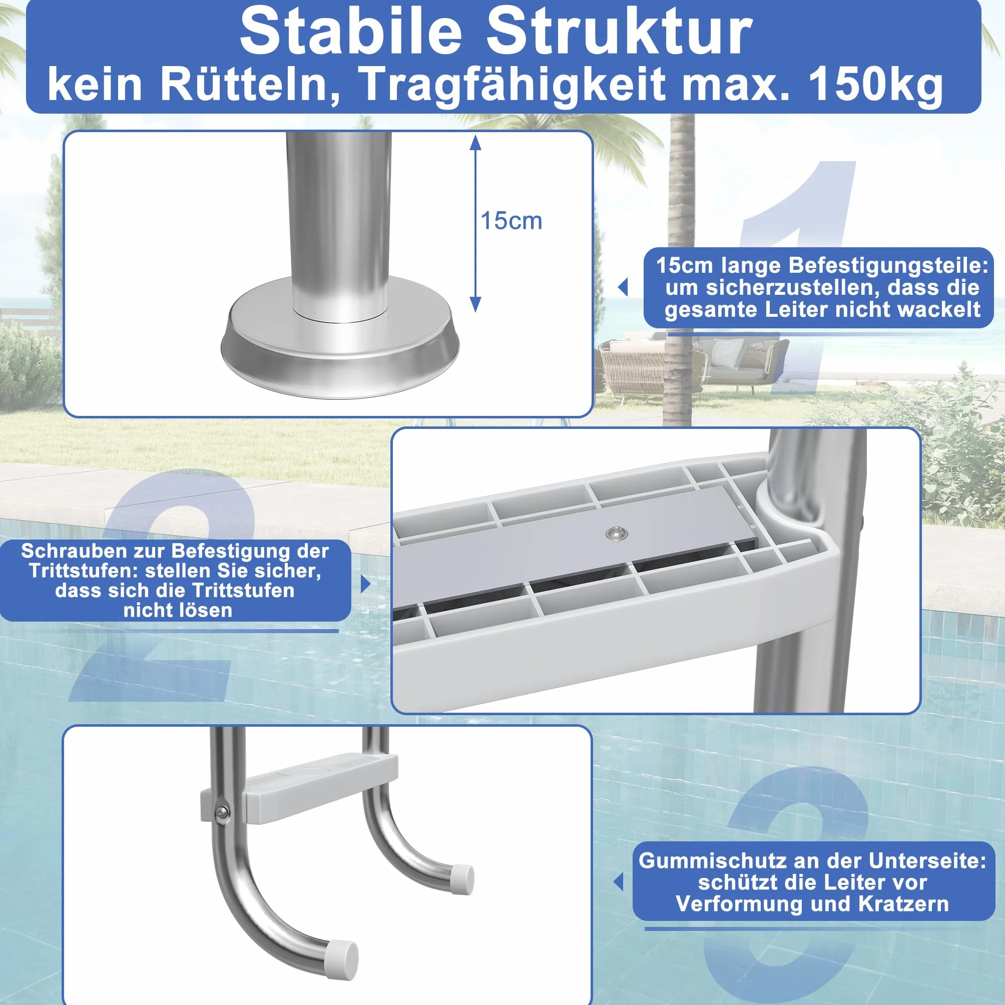 YRHome Escalera de piscina de 4 peldaños de acero inoxidable 304, antideslizante, hasta 150 kg, capacidad de carga de hasta 150 kg, escalera de piscina para piscina de jardín, piscina empotrable