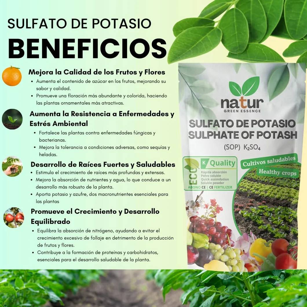Sulfato Potásico para Jardín y Huerto - Fertilizante de Potásio y Azufre para todo tipo de Plantas Mejora Crecimiento y Producción, Nutriente esencial 1KG