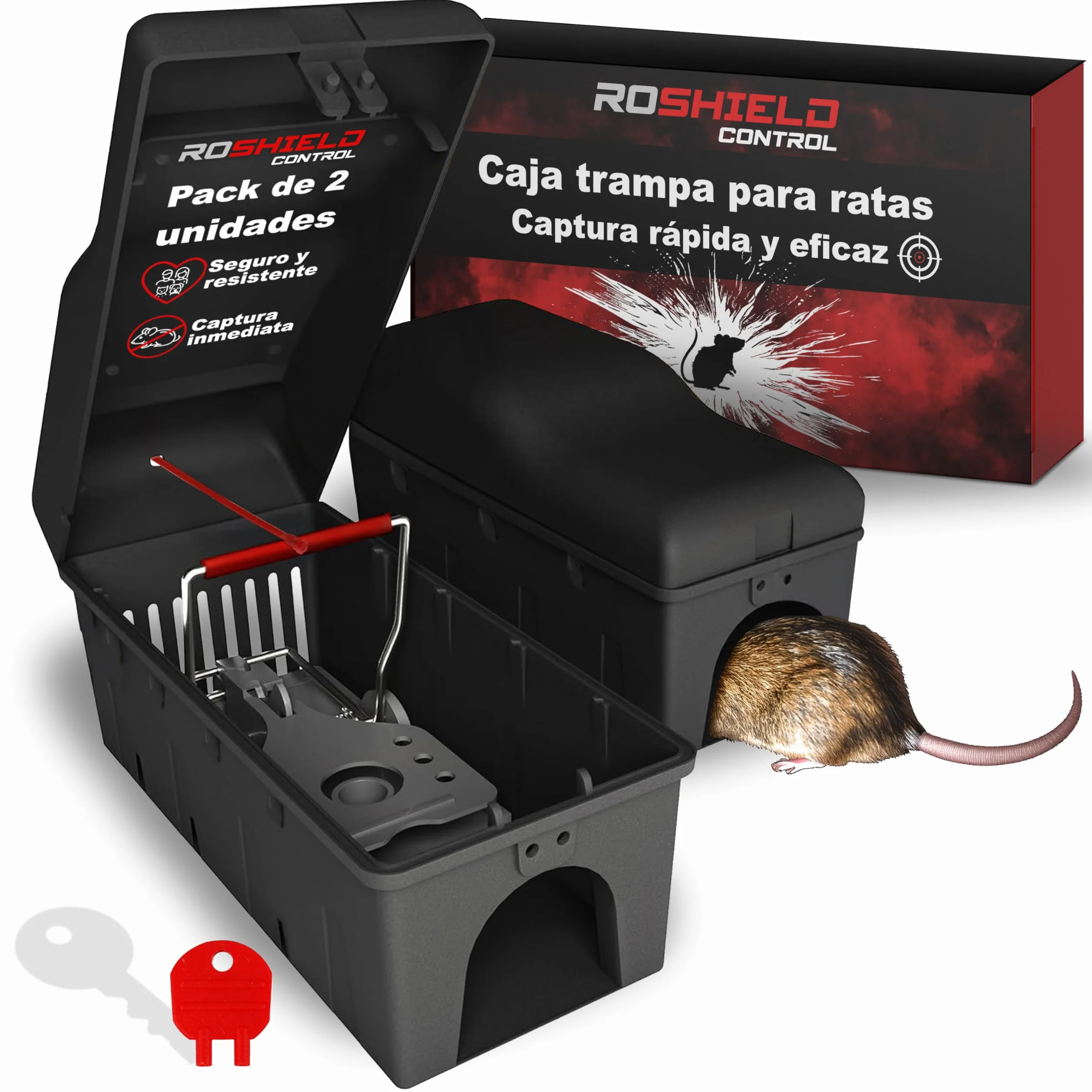 ROSHIELD 2X Trampa para Ratas Caja Matadora - Caja de Seguridad Fácil de Colocar para Hogar, Cobertizo y Garaje Control y Tratamiento (Calidad Profesional, Paquete de 2)