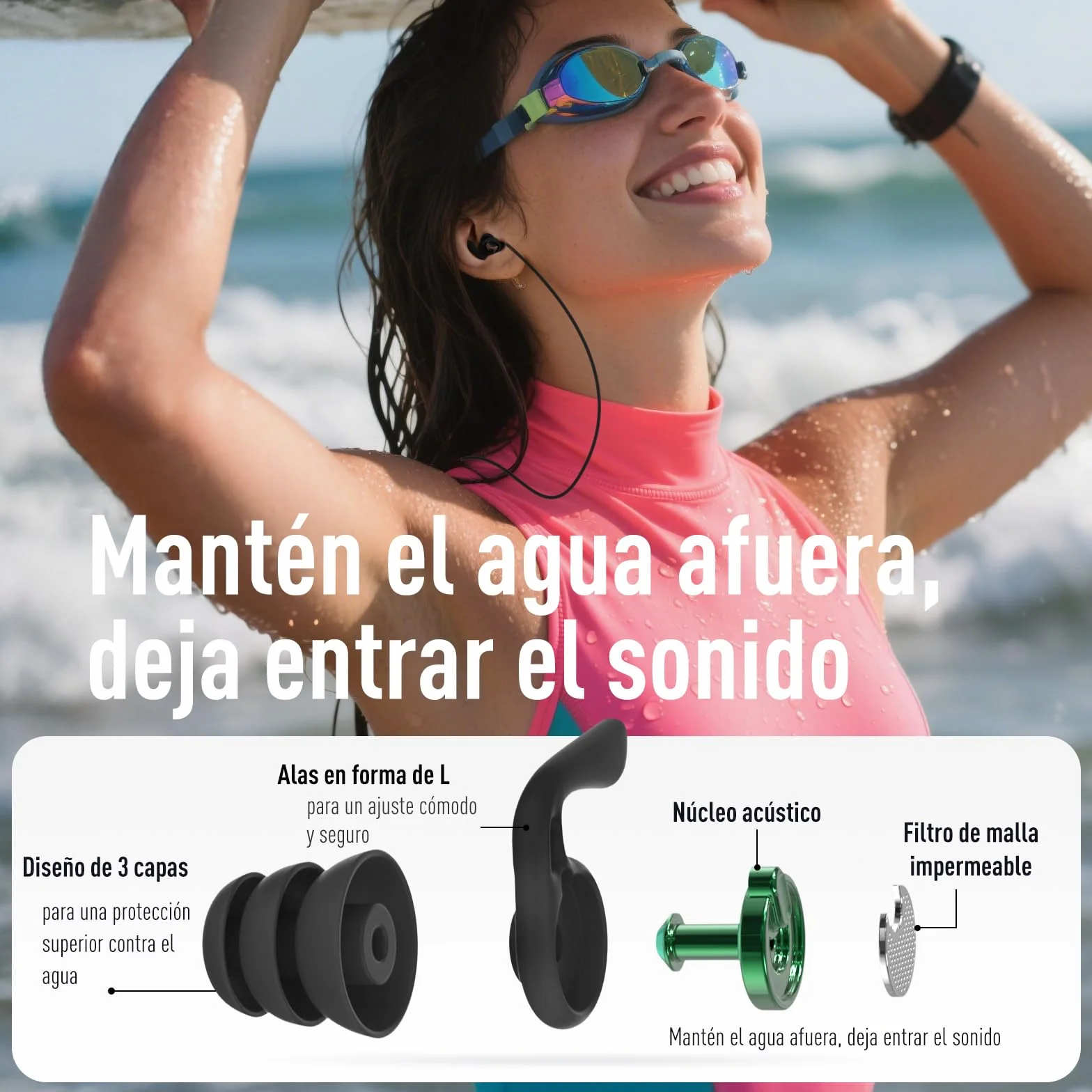 Hearprotek Tapones para los oídos natación adultos, 2 pares silicona reutilizables impermeables nadar surfear ducharse deportes acuáticos Negro