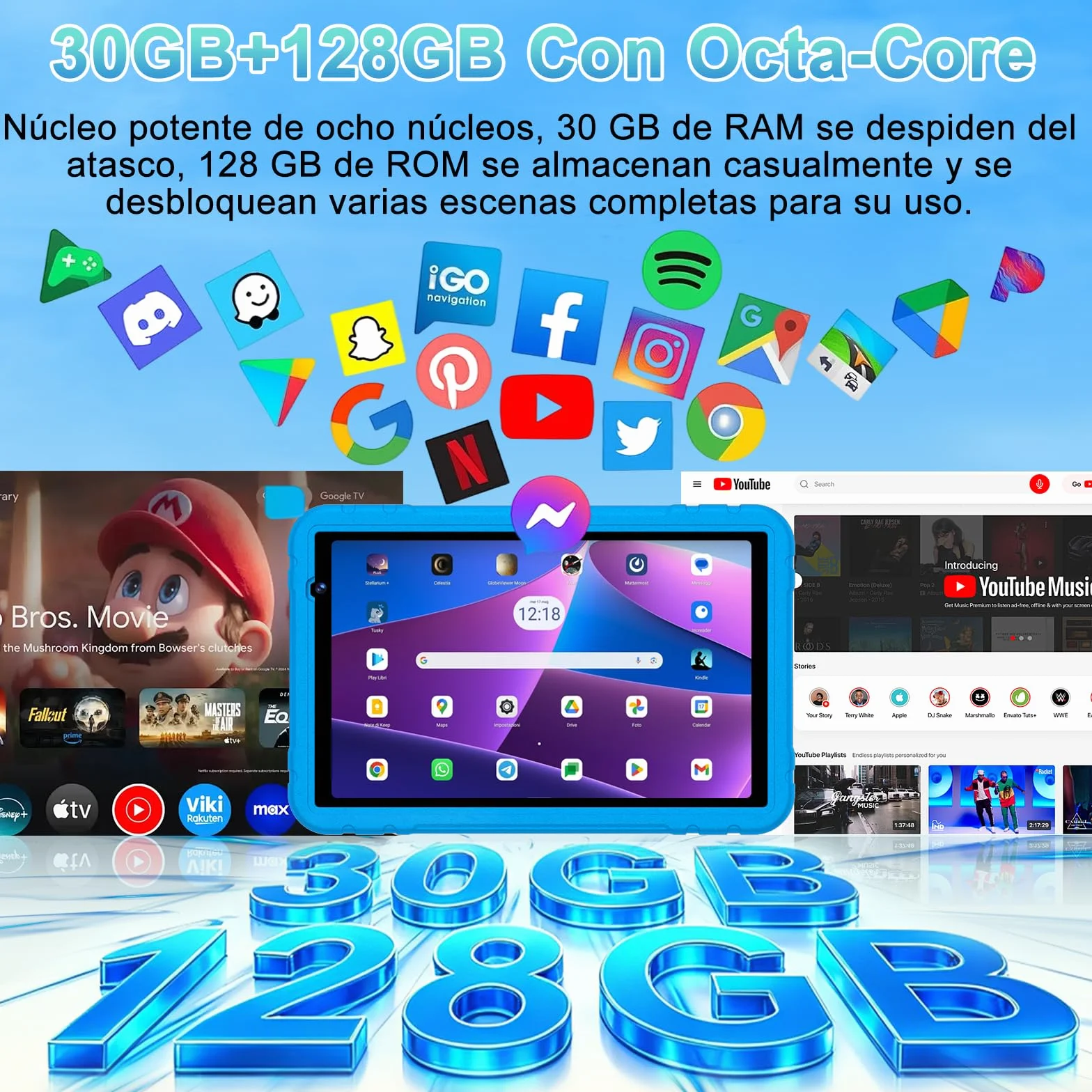 Tablet 10 Pulgadas Android 15 Gemini AI 30+128GB Octa-Core GPS WiFi 6 Widevine L1 8000mAh Control Parental Azul