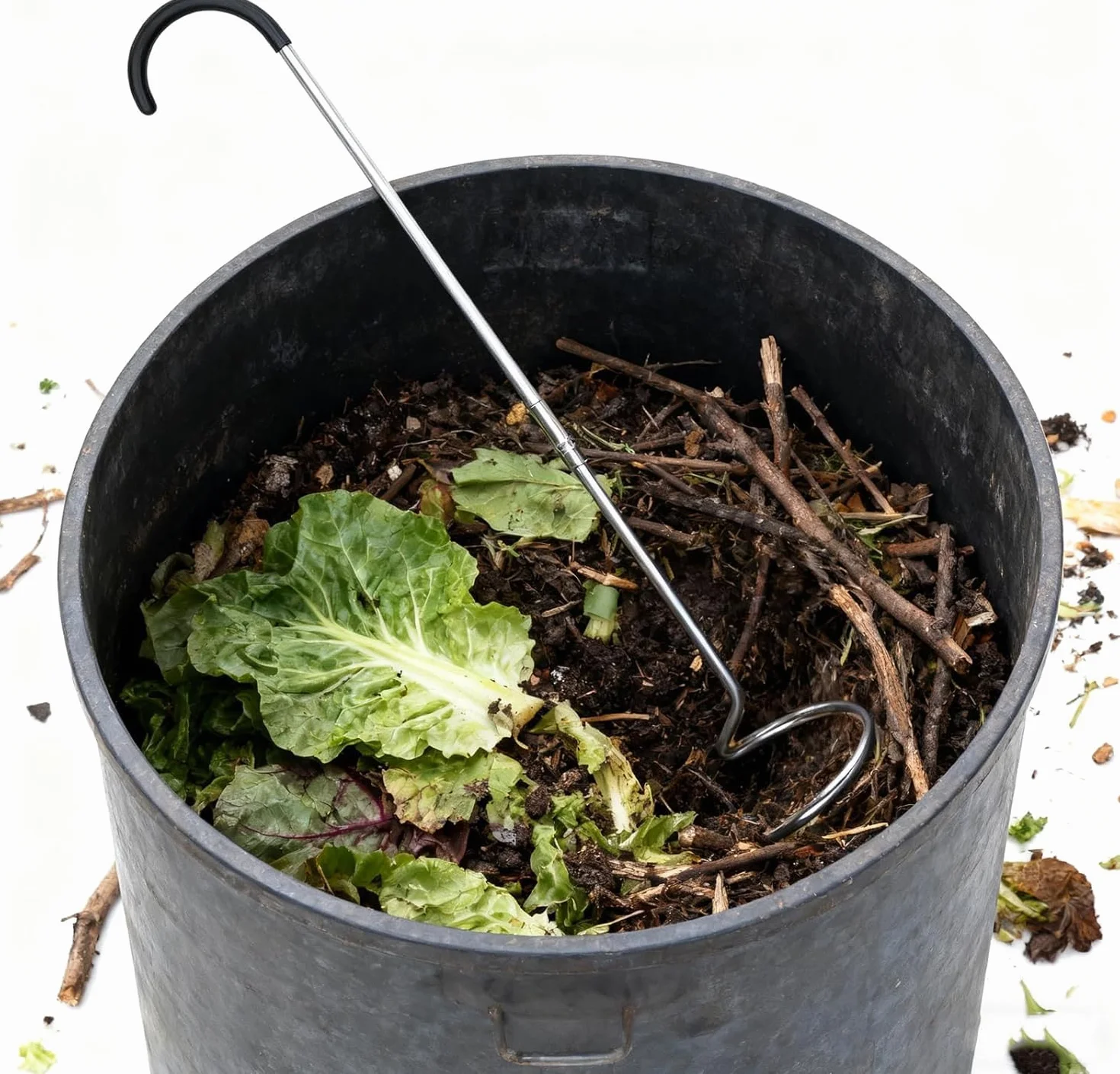 SQUEEZE master Aireador de compostaje, agitador, herramienta manual de manivela de acero inoxidable para vasos de compostaje al aire libre, agitador, garra de jardín, mezcla de compost
