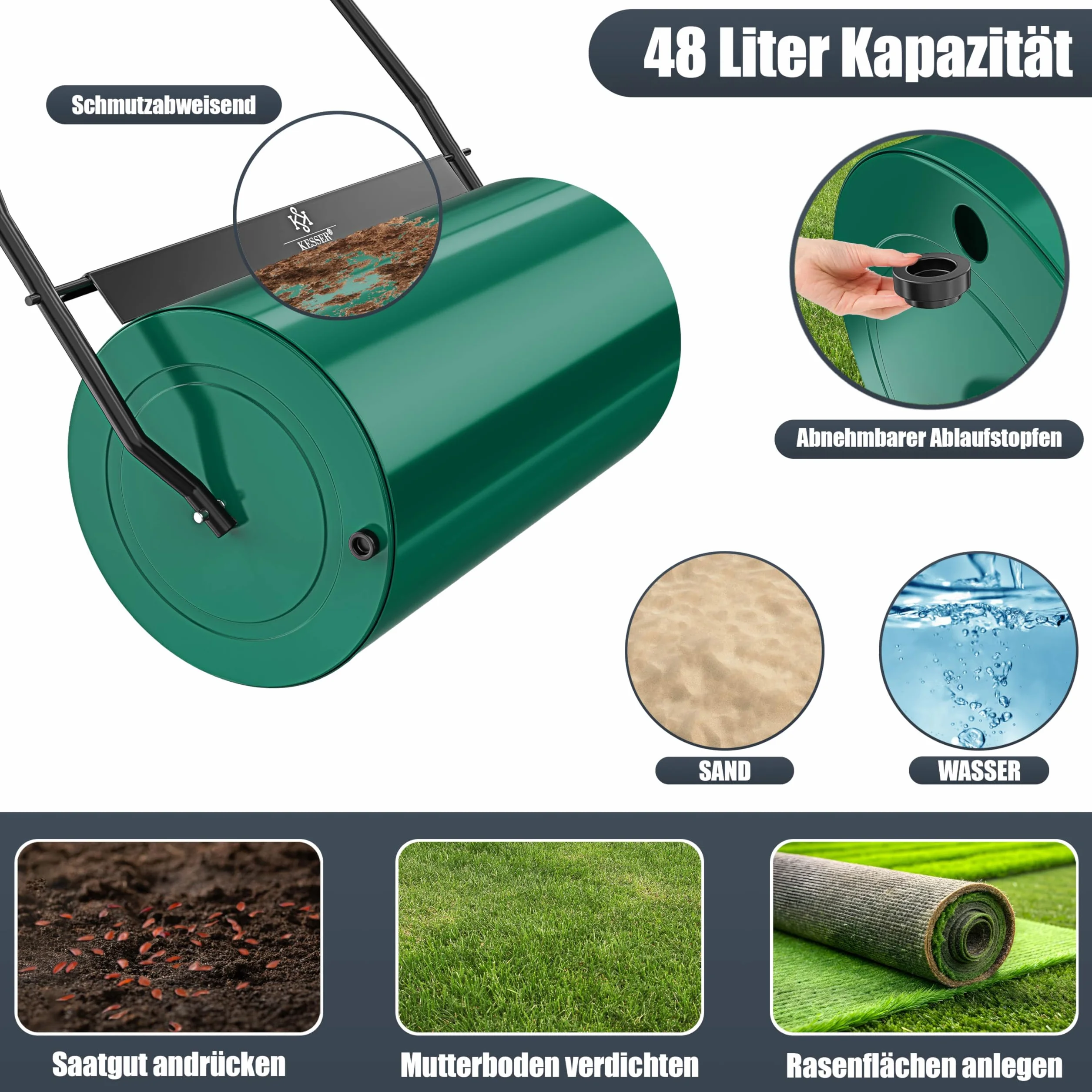 KESSER® Rodillo para césped 60 cm 48 l Volumen de llenado Metal con Deflector de Suciedad Rodillo Manual Rodillo para césped Rodillo de jardín Rodillo agrícola Rodillo rellenable 60 kg, Verde
