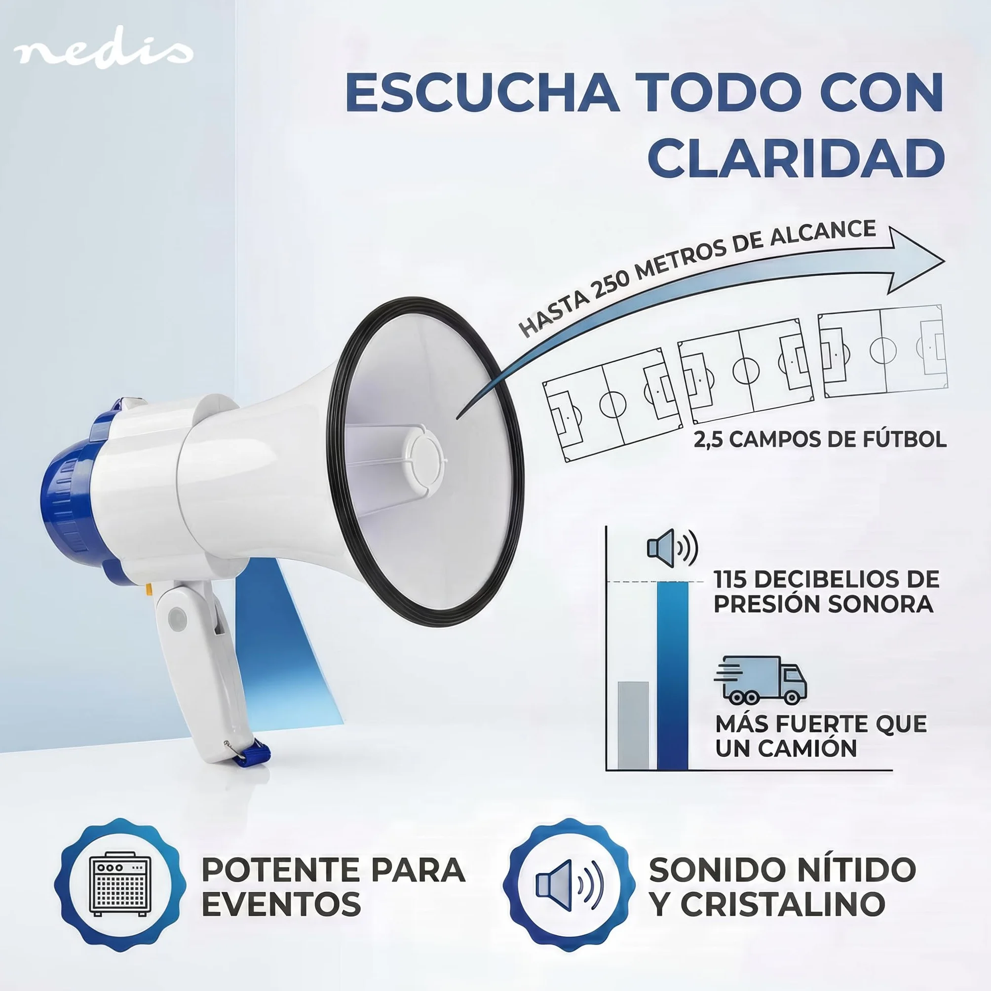 Nedis megáfono 250 m 150 dB blanco azulado con correa y micrófono incorporado sirena grabación
