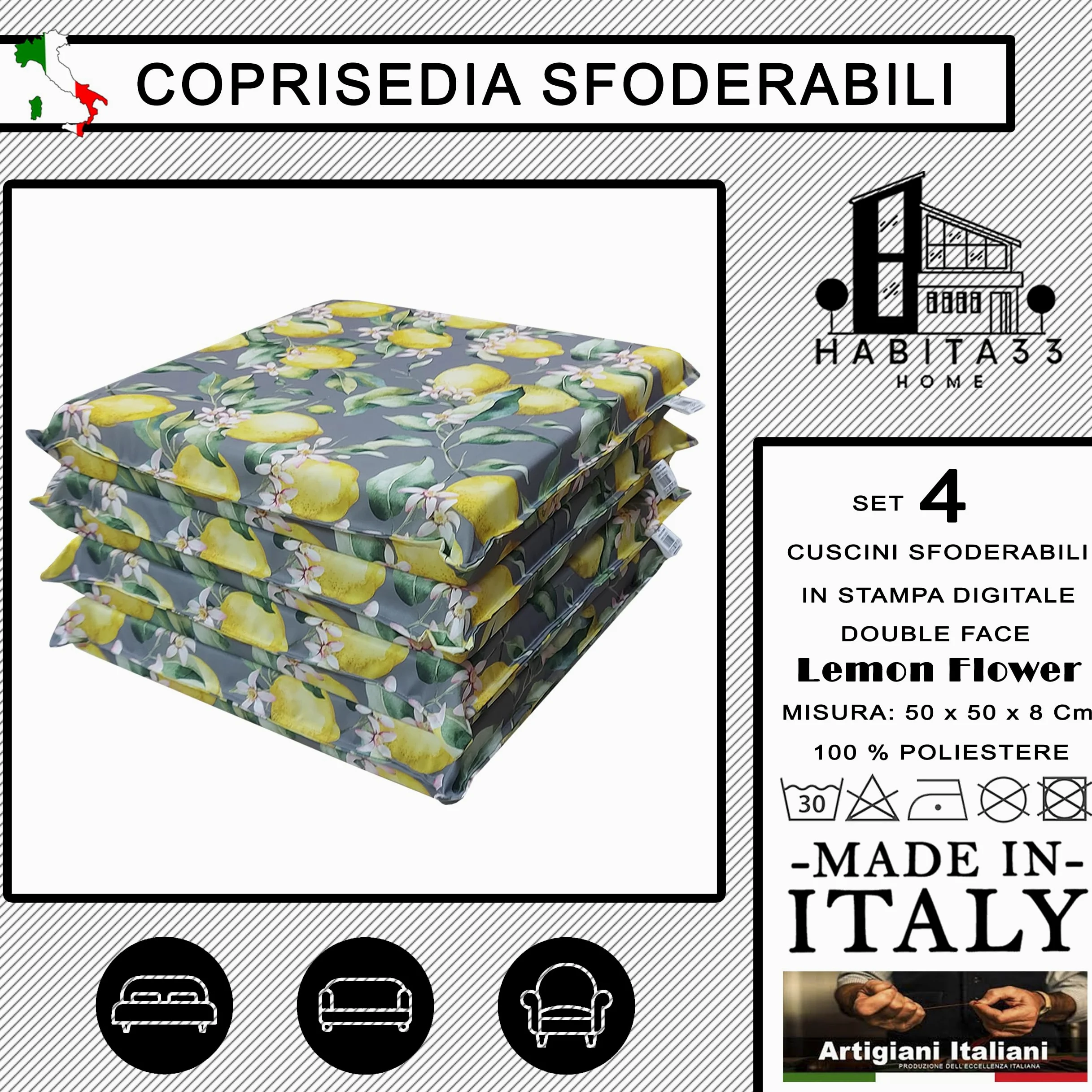 Cojines para Sillas de Jardín – Set de 4 (50x50x8 cm) – Fundas con Cremallera Desenfundables y Lavables – Asiento Cómodo para Exteriores – Fabricación Italiana (4, Lemon Flower)