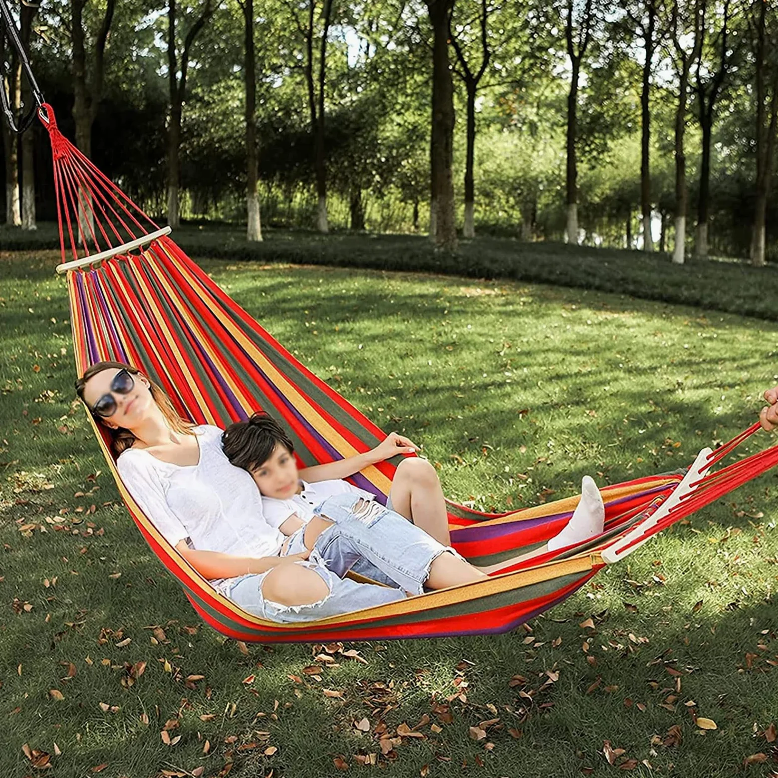 HUHJYUGE Hamaca Colgante Doble, Hamaca Jardin Colgante, Hamaca Colgante Camping, con Bolsa de Almacenamiento, Correas de Fijación y Mosquetones, para Senderismo Al Aire Libre (B 260x150cm)