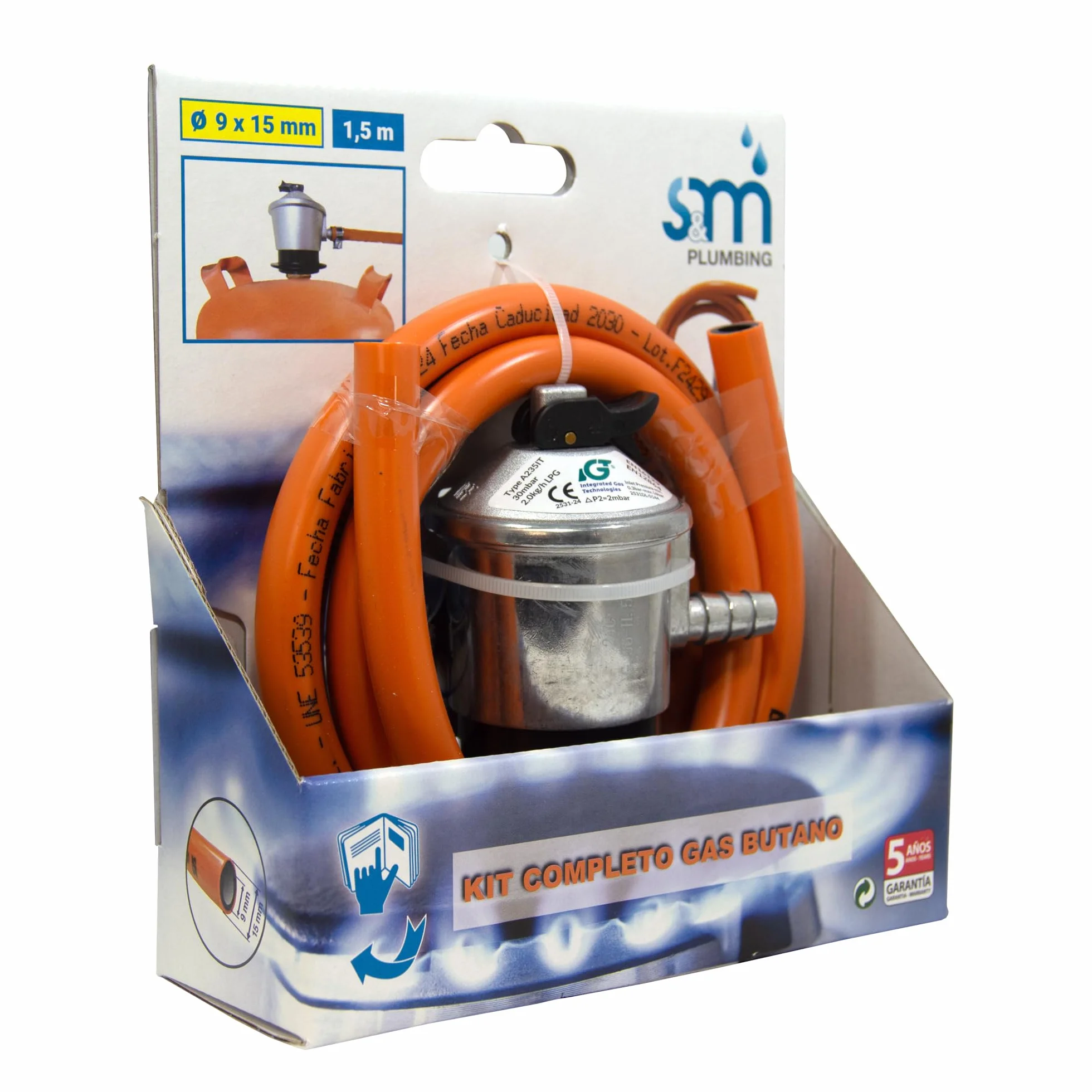 S&M 321771 - Kit completo butano: Regulador de gas butano + Tubo Goma 1,5 metros + 2 abrazaderas de seguridad | Homologado para España | Apto para cocinas, estufas, calderas y barbacoas
