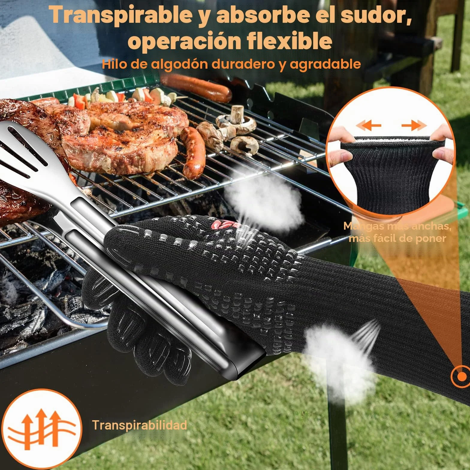 SPGOOD Guantes Barbacoa Guantes Horno Altas temperaturas Largos, BBQ Guantes Resistentes al Calor hasta 800℃ para Cocina, Parrilla, Hornear, Microondas, Chimenea Negro（L/XXL）