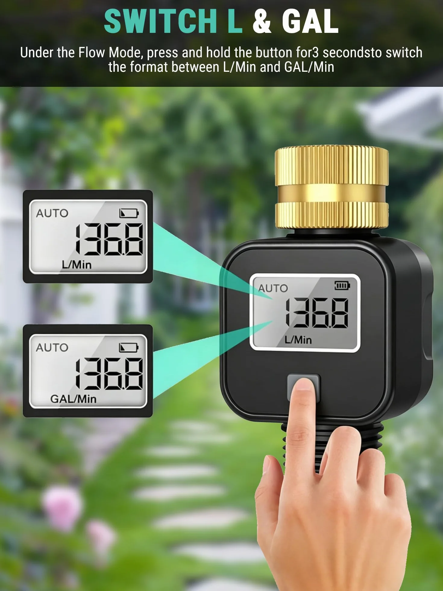 VOBOR Medidor de Flujo de Agua Digital con 4 Modos de Control de Consumo, Pantalla Giratoria 180° y Rosca de Latón, para Mangueras de Jardín, Caravanas, Aspersores y Boquillas de Riego