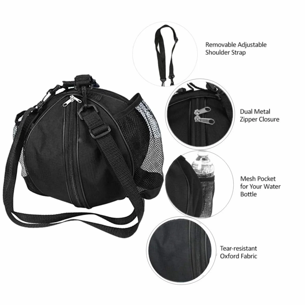 JZK Bolsa Bandolera Baloncesto Voleibol Fútbol Bolsillos Laterales Red Botella Agua Negra