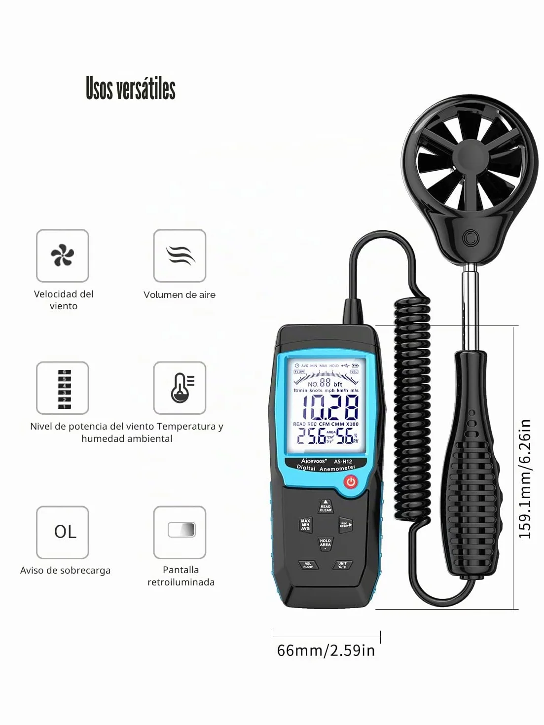Anemometro Portatil Anemómetro Digital con Sensor de Viento Extendido, Mide Temperatura del Viento Velocidad del Viento Flujo de Viento CFM y Humedad con Retroiluminado y MAX/MIN/AVG