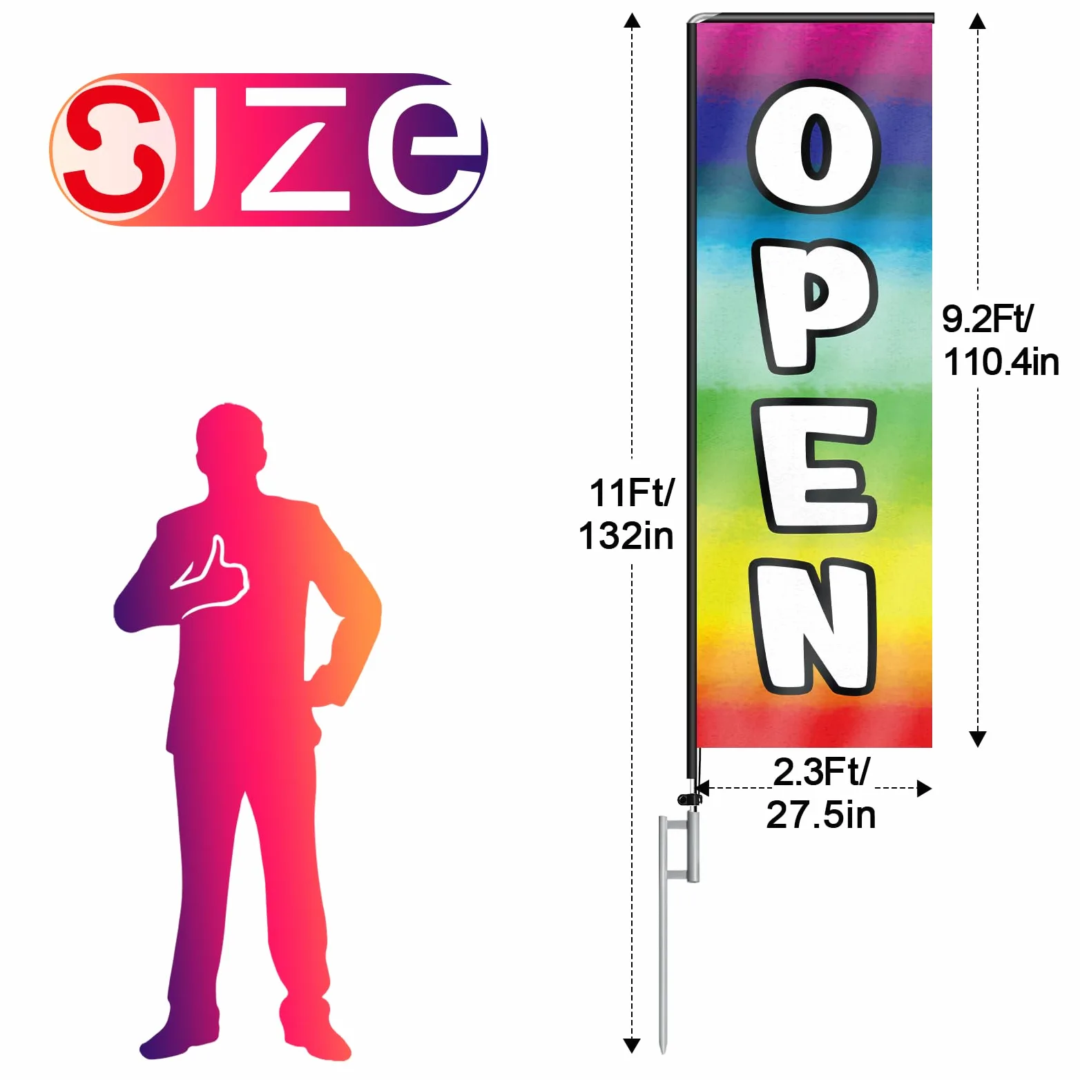 Bandera de plumas rectangular abierta multicolor con kit de mástil de bandera y estaca de tierra, bandera abierta sin viento de 11 pies, cartel de negocios para publicidad en interiores y