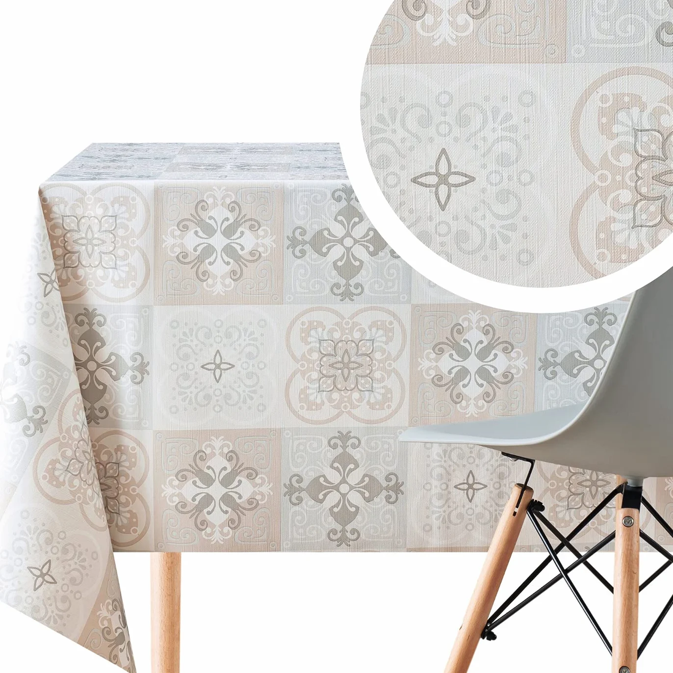 KP HOME Mantel Hule Mesa Rectangular 200x140, Fácil de Limpiar, Marroquí Mantel PVC, Exterior e Interior, Vinilo Impermeable Antimanchas, Patrón de Azulejos Estilo Mediterráneo, Beige y Gris