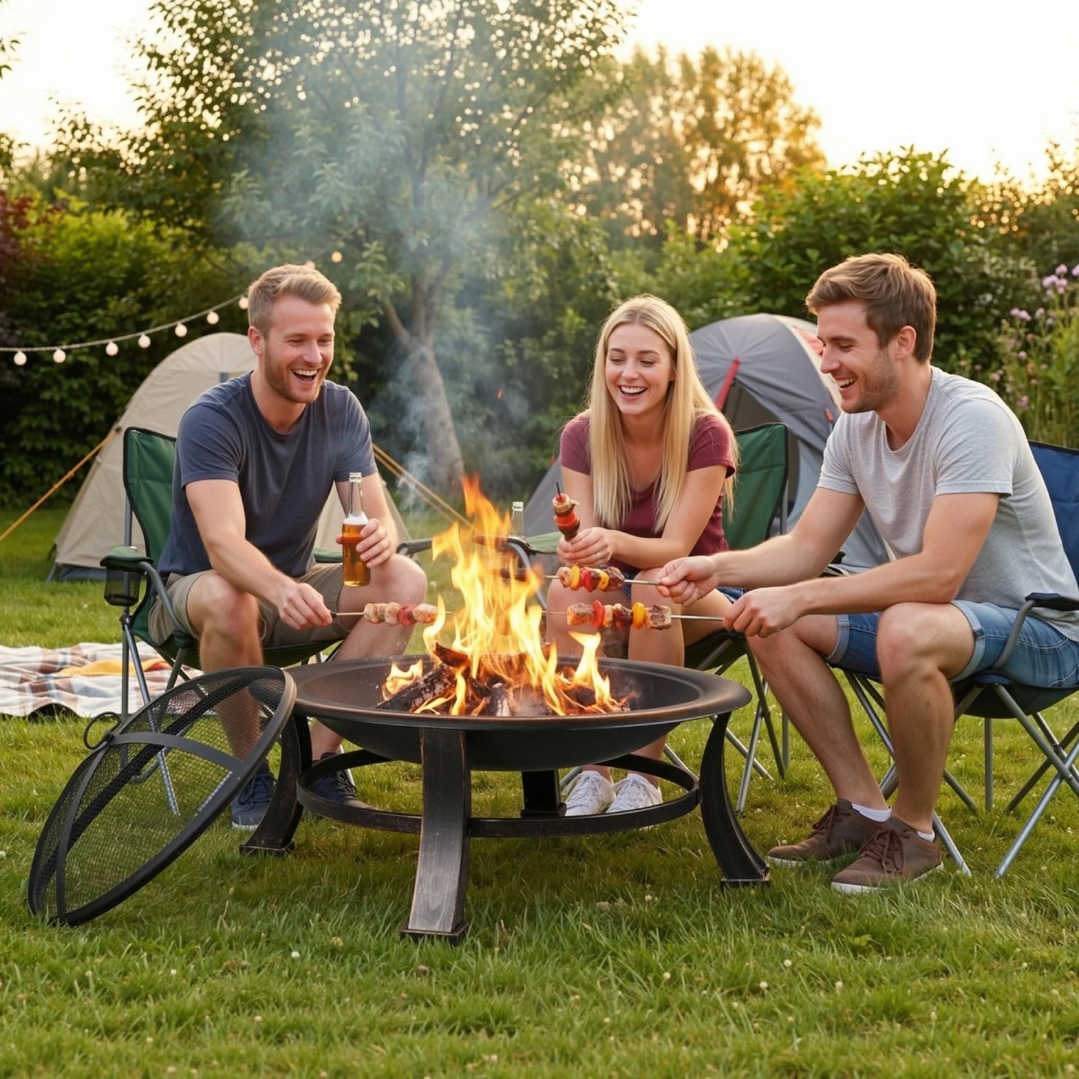 TLGREEN Brasero Exterieur Jardin, Ø 76 cm Pozo de Fuego con Protector de Chispas y Atizador, Brasero Barbacoa con Rejilla para Jardín y Terraza, Parrilla Brasero al Aire Libre de Aspecto Retro