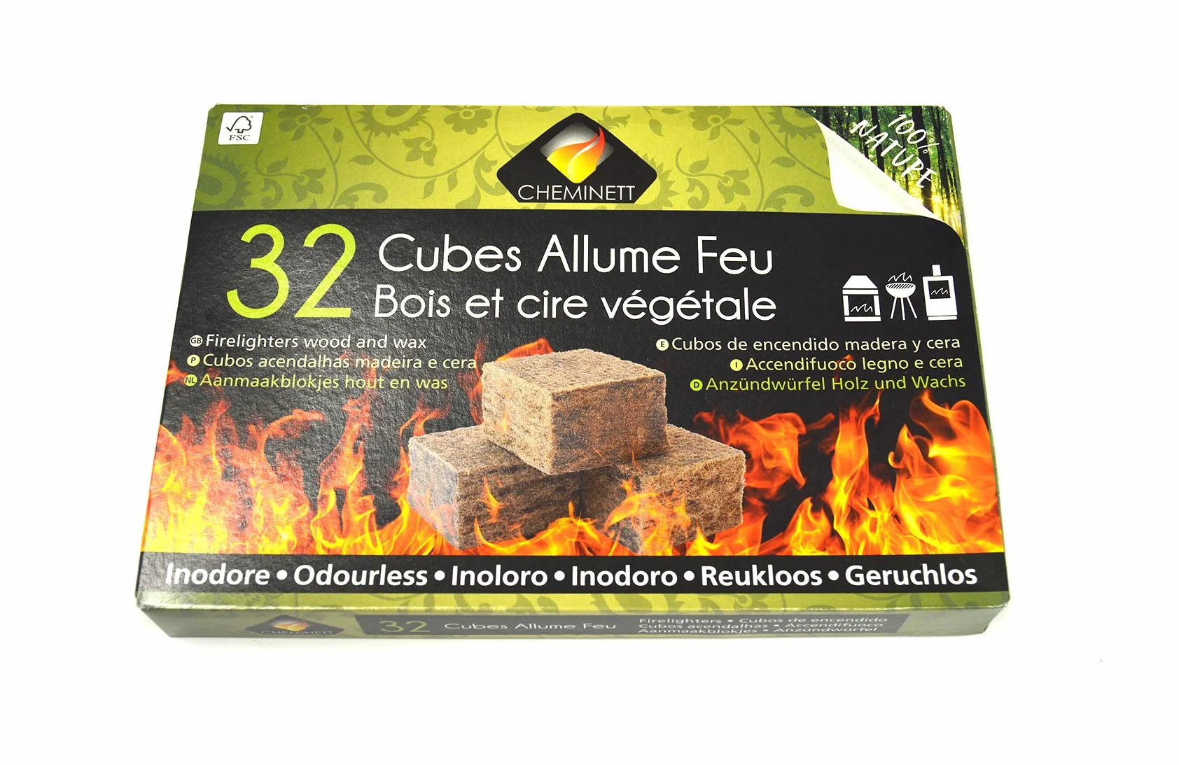 15751-32 Cubos Encendido precortados Cheminett naturales para encender chimeneas, estufas y barbacoas