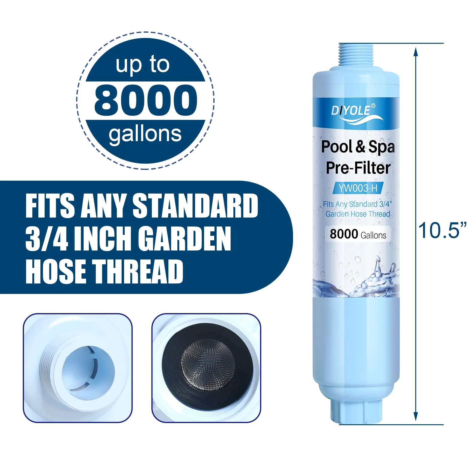 Filtro de manguera de jardín para llenar piscina, jacuzzi, spa, reduce considerablemente los sedimentos, cloro, metales pesados y olores, rosca estándar de manguera de jardín de 3/4 pulgadas,