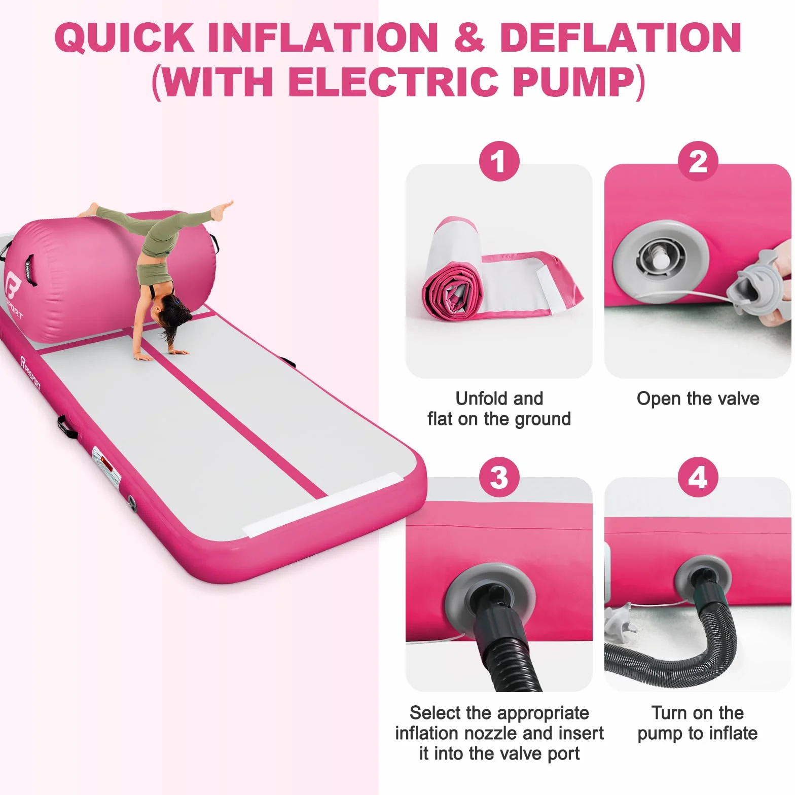 FBSPORT Colchoneta hinchable 4 m Air Roller 60 cm bomba aire 10 cm alto esterilla entrenamiento gimnasia yoga
