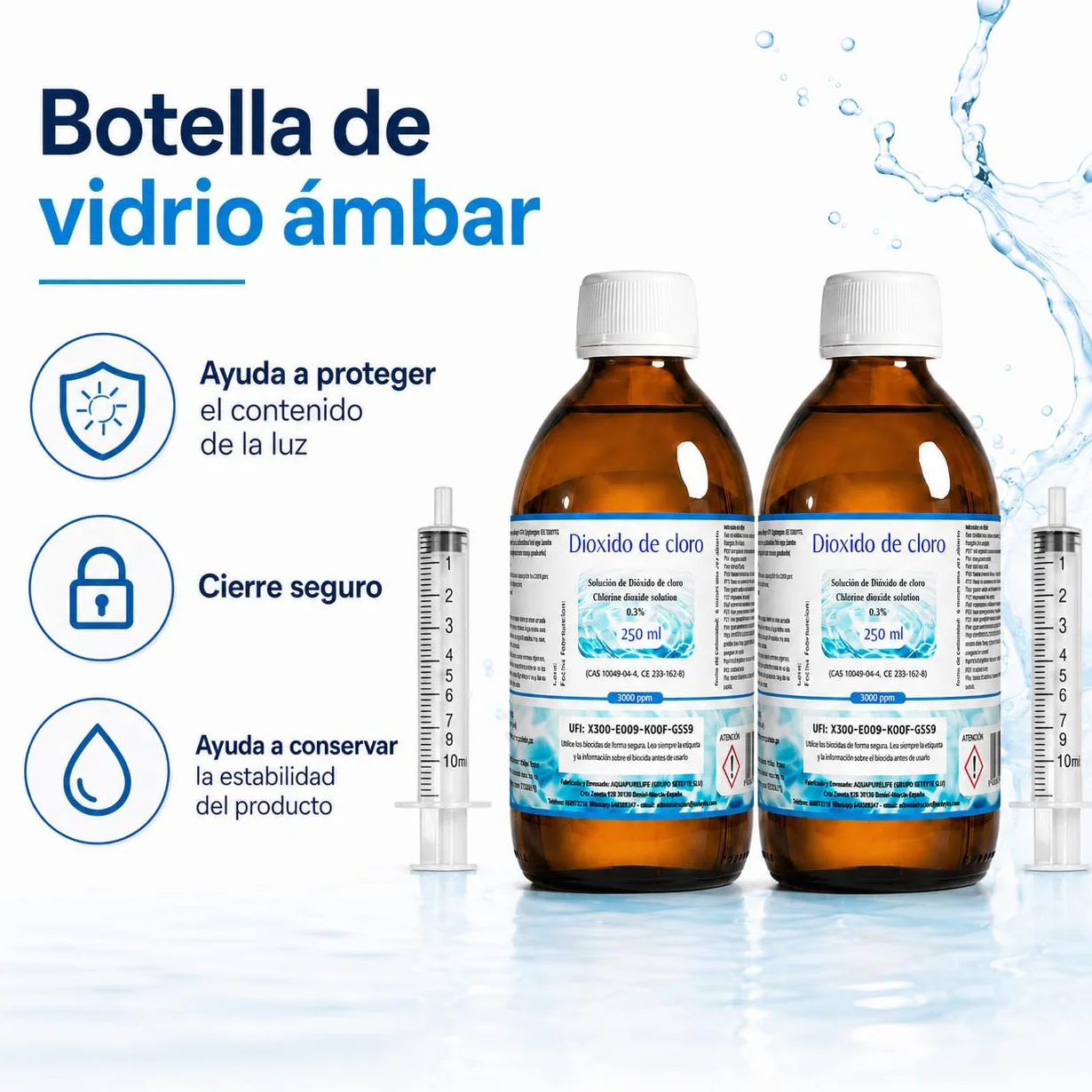 Dióxido de Cloro 3000 ppm - CDS | CDL - Envasado en Botella de Cristal Ámbar - 2 Botellas 250ml = 500ml - Compra Ahorro - Fabricado en España
