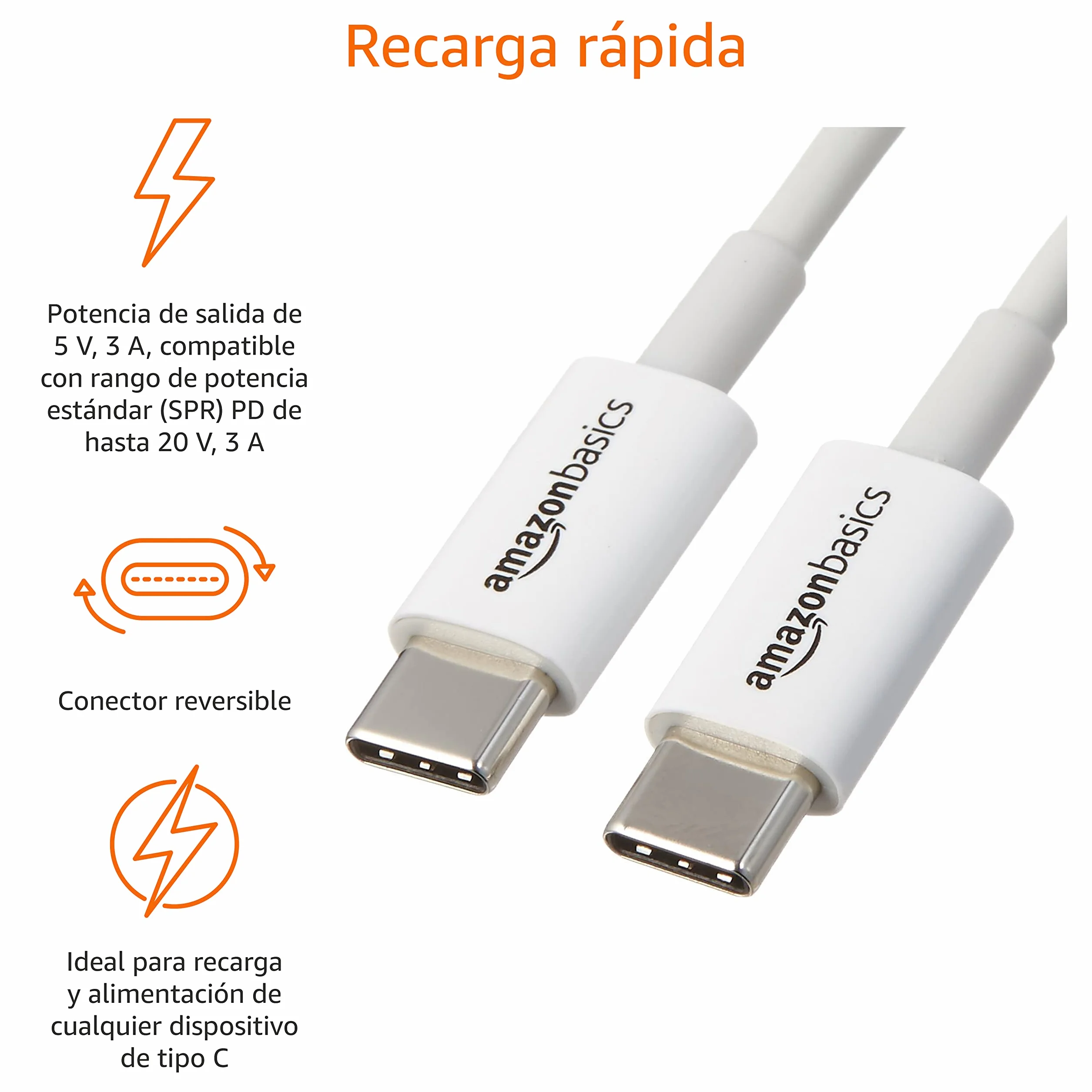 Amazon Basics Cable USB-C a USB-C 480 Mbps certificado USB-IF 1.8 m blanco