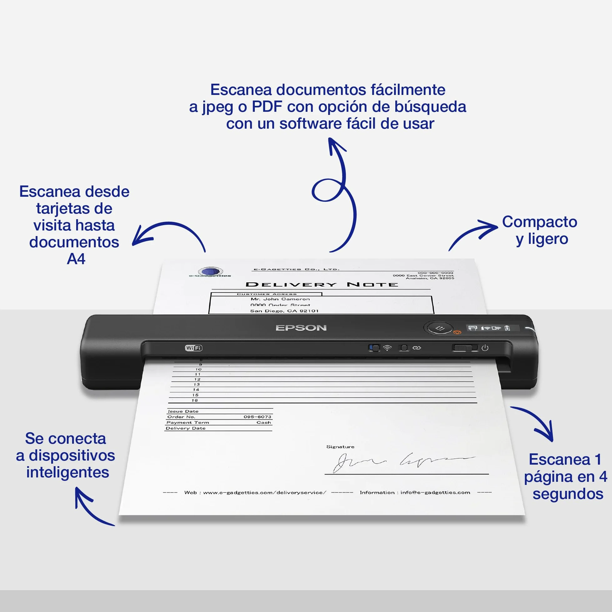 Epson Workforce ES-60W Escáner Portátil Inalámbrico WiFi USB