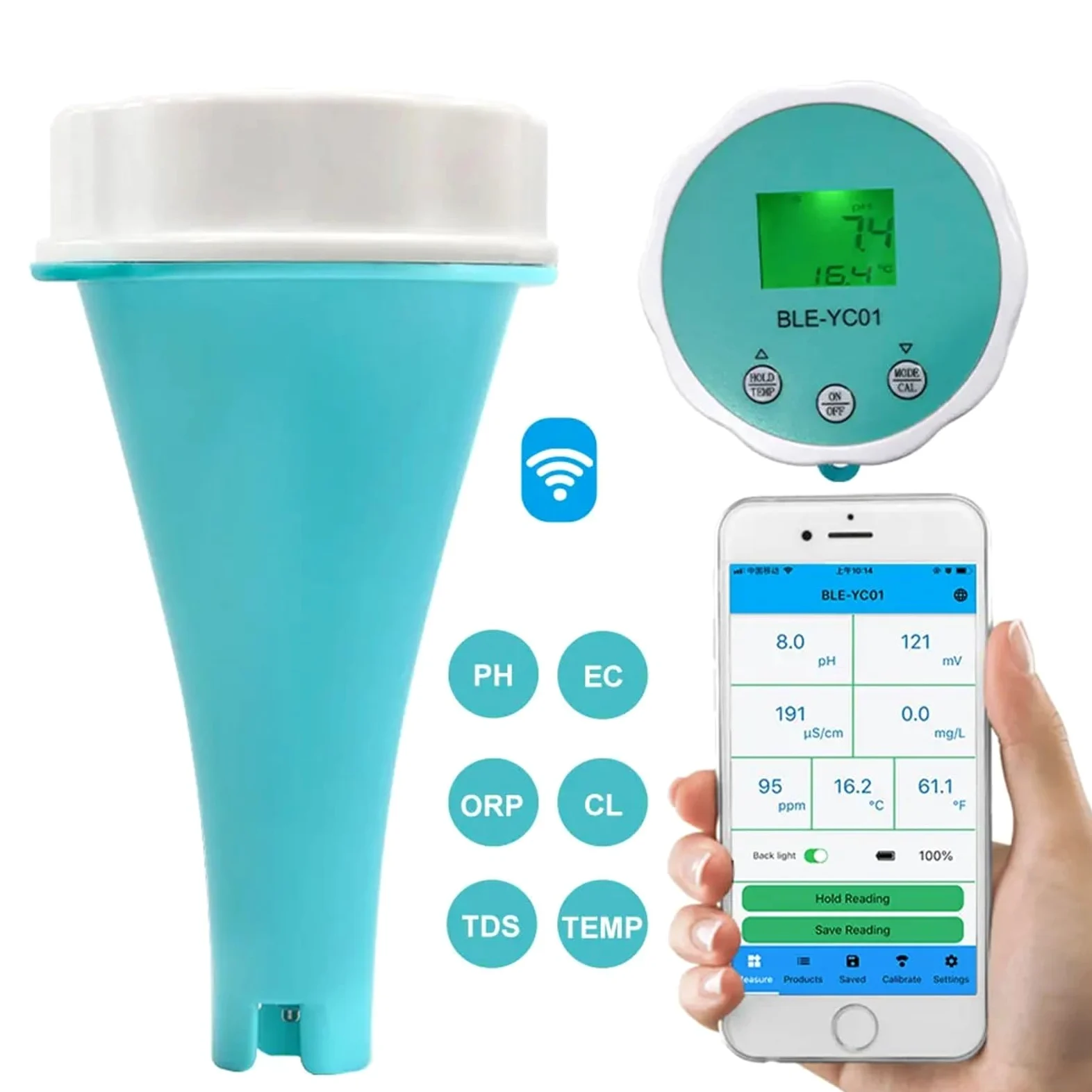 Medidor de PH, Analizador de agua de piscina flotante inteligente 6 en 1, medidor de PH, CL, TDS, EC, ORP y temperatura, aplicación de monitoreo en línea, probador de calidad del agua.