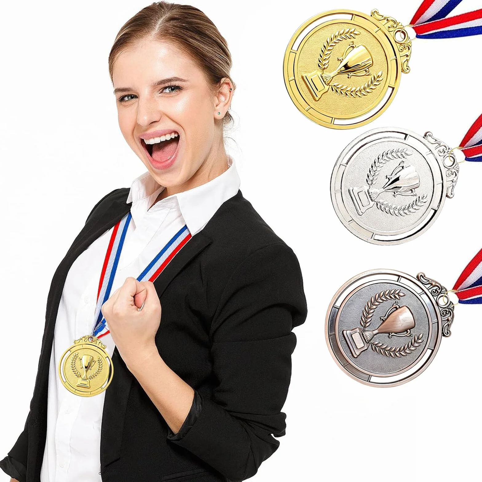 Medallas de Metal 12 Piezas, Oro Plata Bronce con Cintas para Premios Deportivos 5.0cm