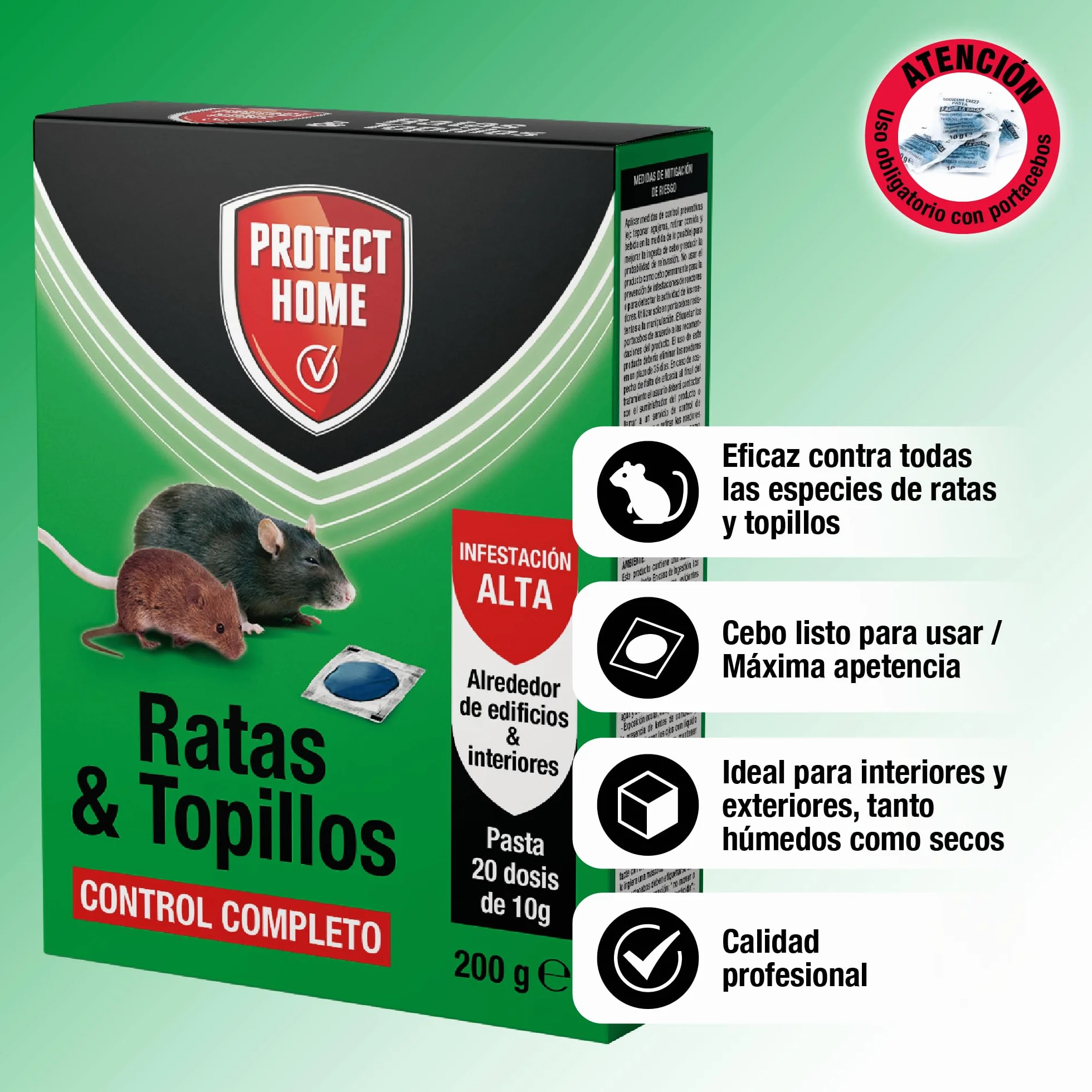PROTECT HOME atrayente de Ratas y topillos en Pasta, Control Completo. Indicado para Interiores y Exteriores
