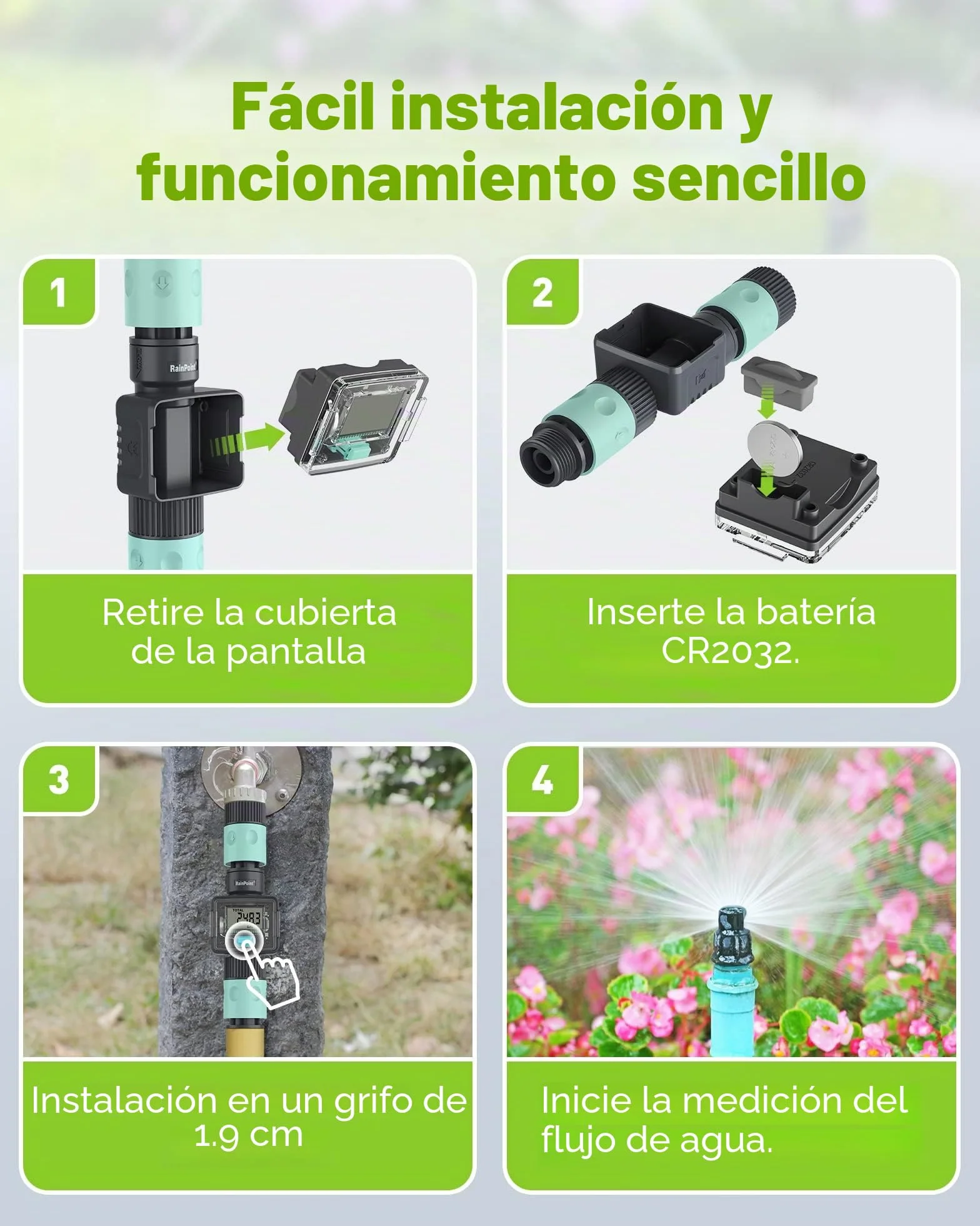 RAINPOINT Contador de Agua, práctico Reloj de Agua para jardín, 4 Modos para controlar el Consumo de Agua, Contador de cantidad de Agua