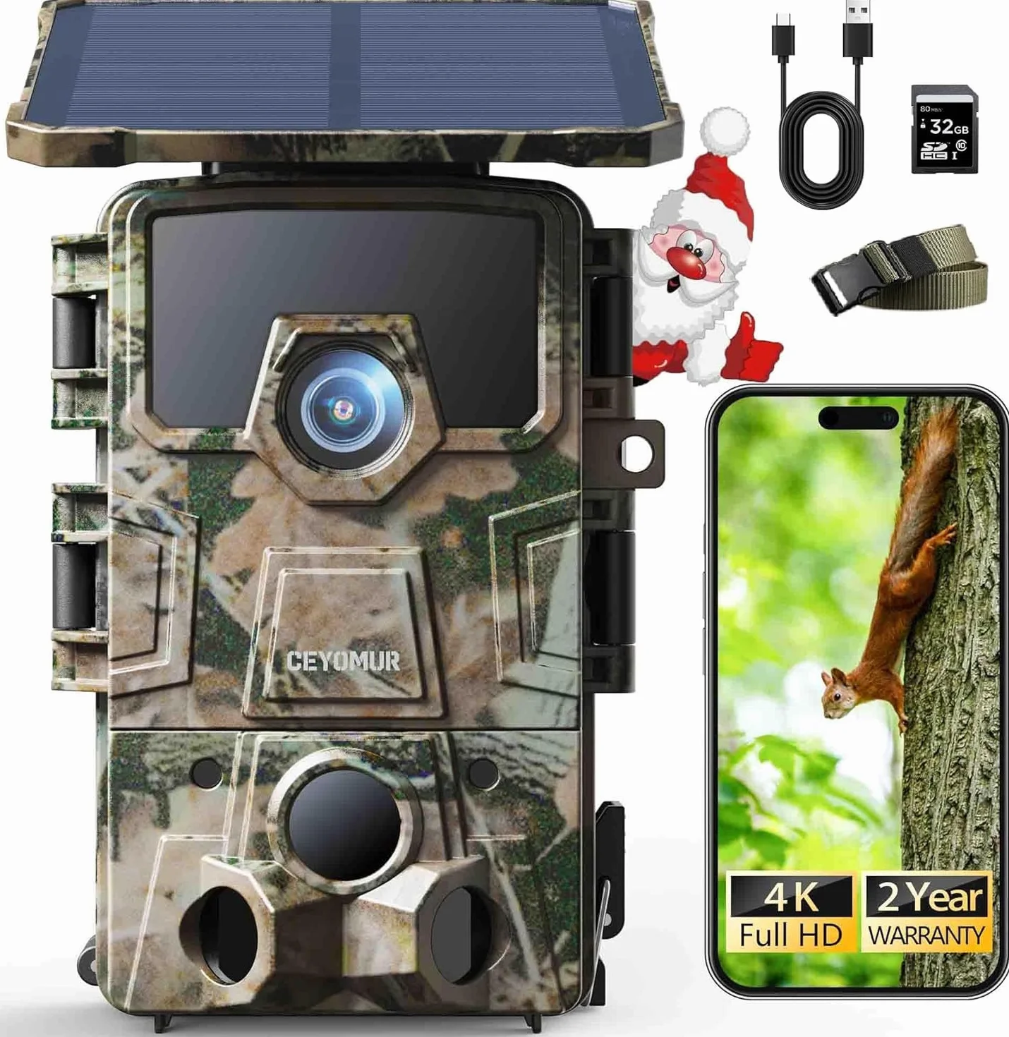 CEYOMUR 4K UHD Cámara de Caza Nocturna Solar WiFi 6 con Detección 120°, Batería 5200 mAh, IP66