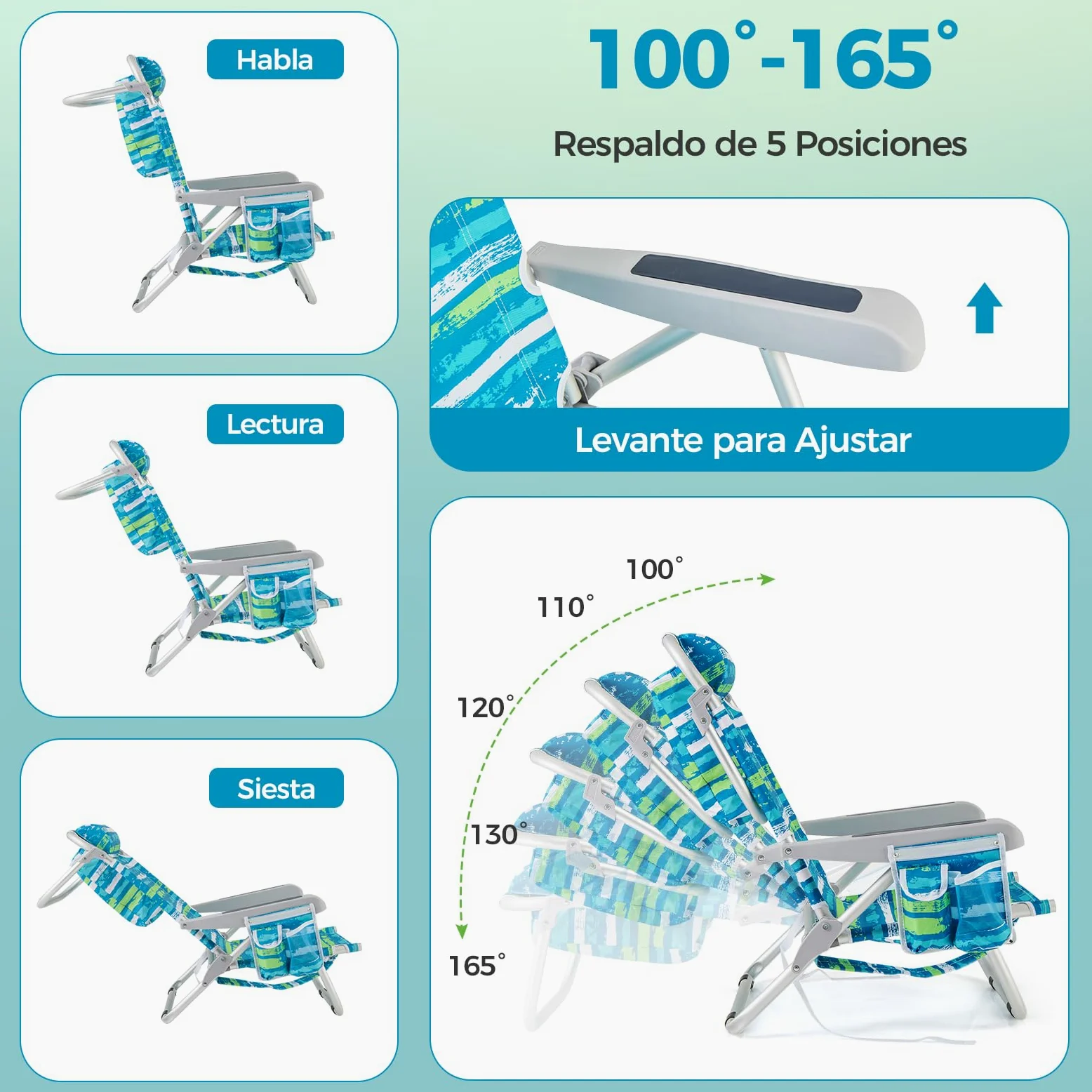 GOPLUS Silla Playa Plegable, Silla de Camping Ligera con Respaldo Ajustable en 5 Posiciones, Barra para Toallas, Portavasos, Almohada, Correas, Tumbona Exterior Reclinable, Carga 150 kg (Verde+Azul,2)