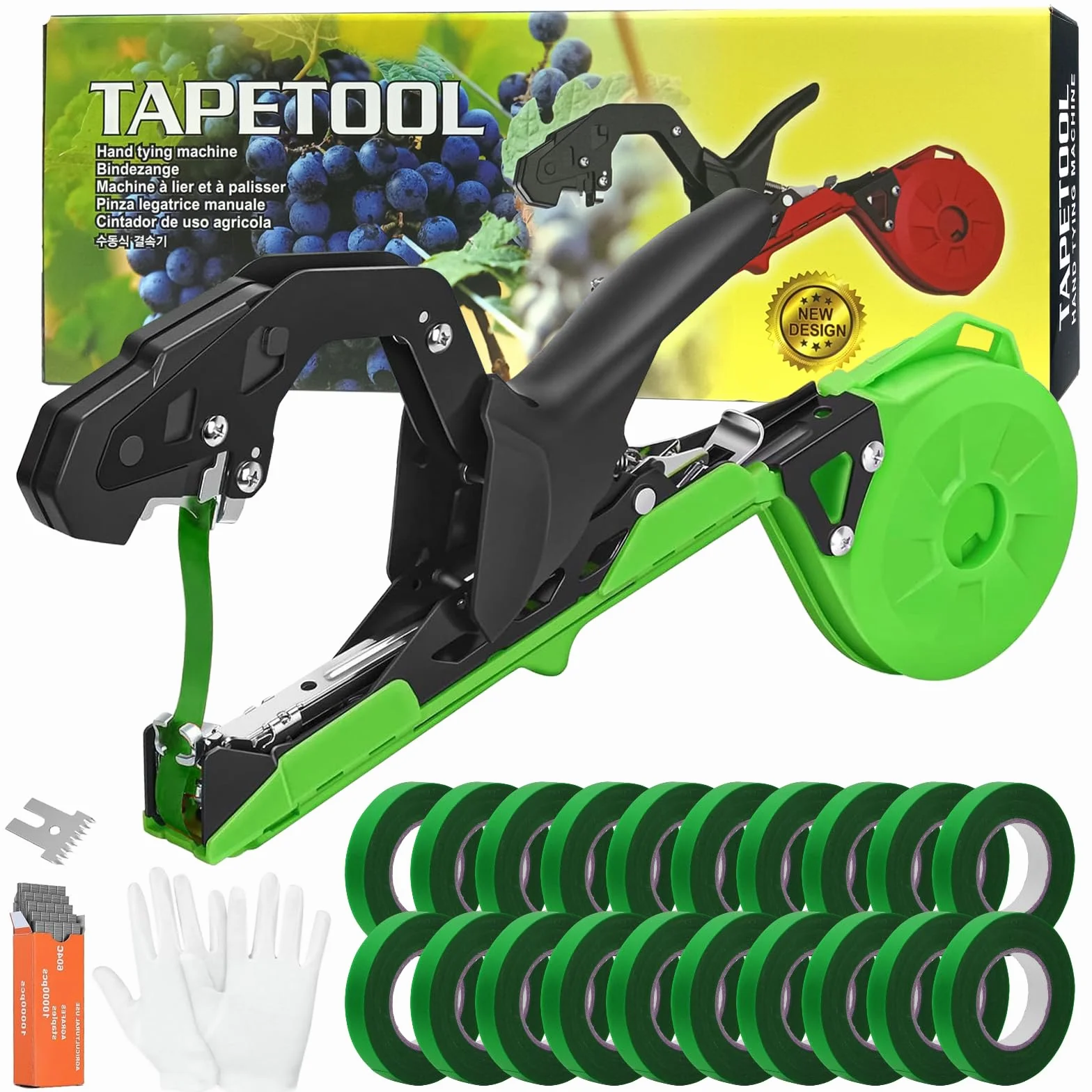 Maquina para Atar Plantas, Maquina Atar Tomates Kit Jardineria Para Atar Ramas de Plantas Atadora Agricola para Atadora con 20 Rollos de Cinta Verde para Arboles