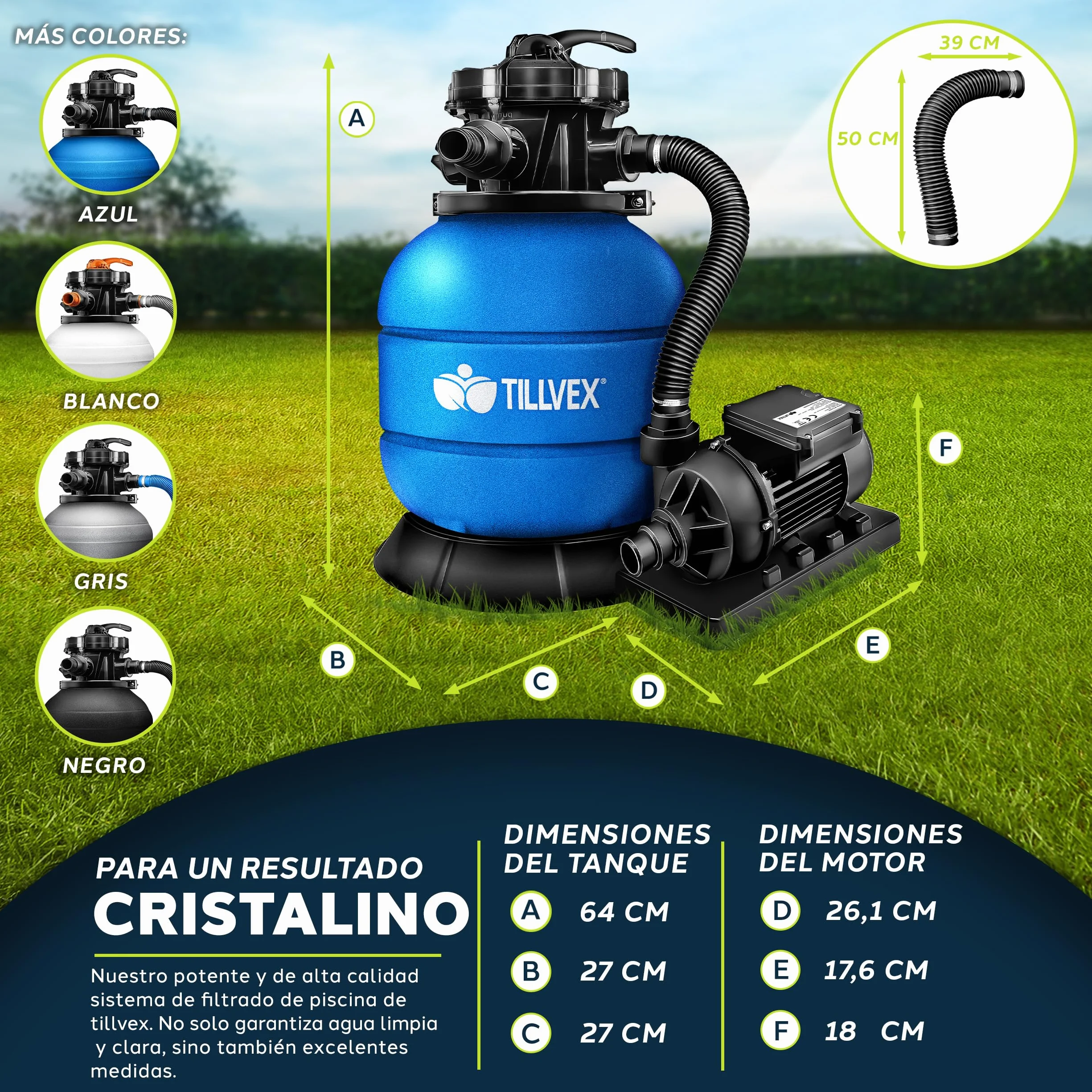 tillvex Depuradora de Agua para Piscina 7.900L/h + 400g Bolas de Filtro | 7 Funciones de Filtrado & Adaptador Ø32-38mm | Filtro de piscina con indicador de presión (Azul)