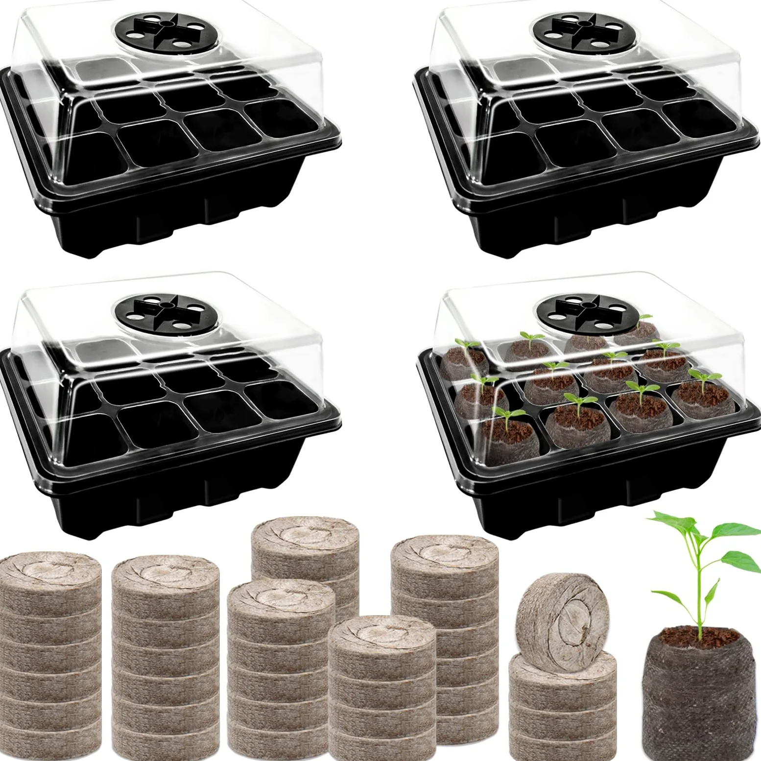 Juego de iniciación de semillas para plántulas, 50 pellets de turba y 48 celdas, mini bandejas de iniciación de plántulas de jardín con cúpula de humedad ventilada para plantas, flores y verduras